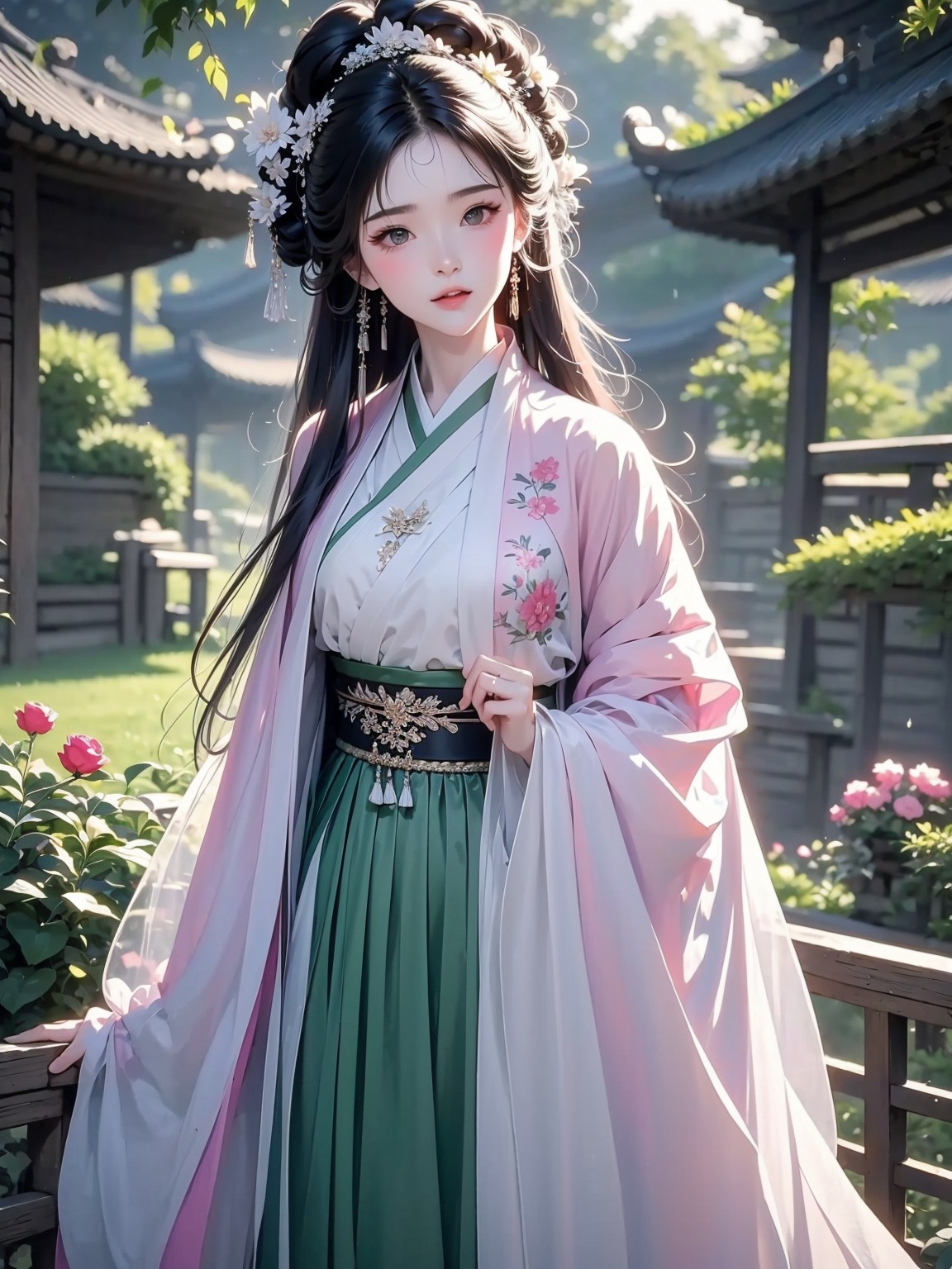 1 girl,Hanfu,dress,solo,flower,hair ornament,long hair,,<lora:2D 古装1.1:1>,