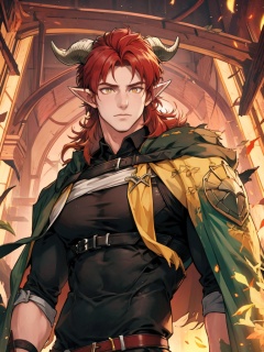 <lora:hedelei:1>,hedelei,horns,red hair,yellow eyes,, masterpiece,best quality, 1boy, cowboy shot