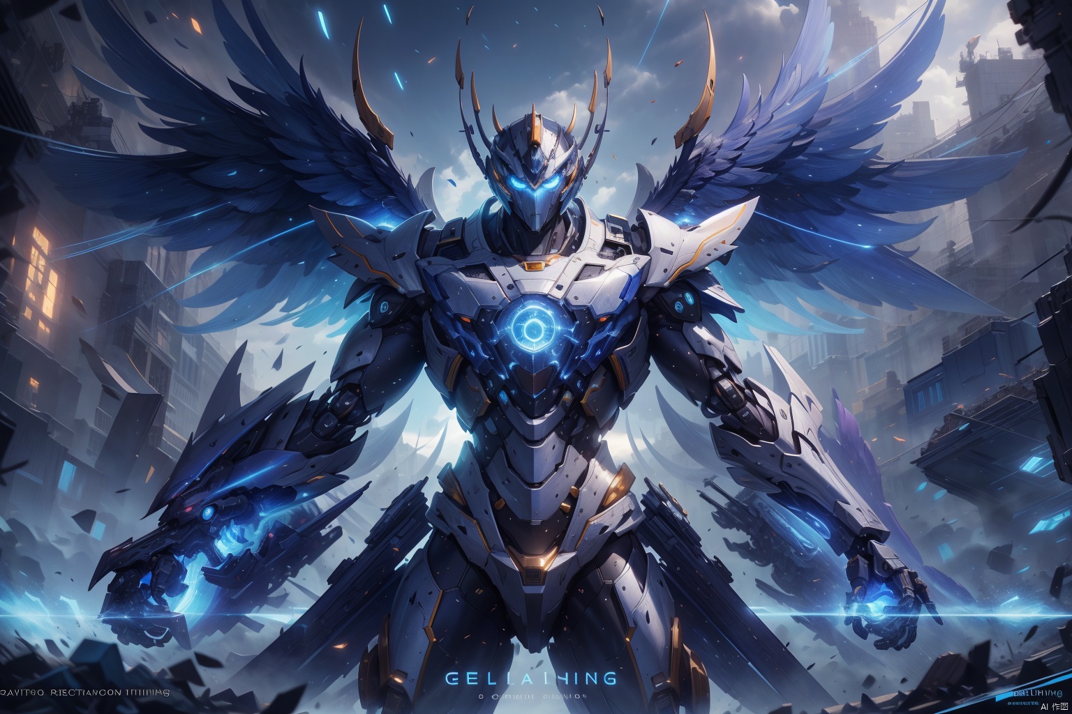 a blue mecha, glowing blue eyes, blue pistol, galaxy, mechanical sense of refinement, details, mecha wings, elegance, blue mecha, glowing blue eyes, land, mechanical sense of refinement, details, mecha wings, elegant, trees, hands and feet, angular, sharp edges, huge, strong wind, hazy, mecha eyes glowing blue, blue mecha, glowing blue eyes, sky, mechanical and delicate, 8k portrait of beautiful, intricate, elegant, highly detailed, majestic, digital photography, art by artgerm and ruan jia and greg rutkowski, (masterpiece, sidelighting, finely detailed beautiful eyes: 1.2), hdr, detailed background<lora:EMS-83551-EMS:0.400000>, <lora:EMS-257717-EMS:0.600000>, <lora:EMS-260051-EMS:0.200000>