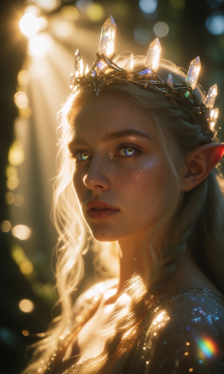 Close-up macro photograph of a mystical wood elf princess wearing a crown made of glowing crystal shards. Warm,  dramatic...