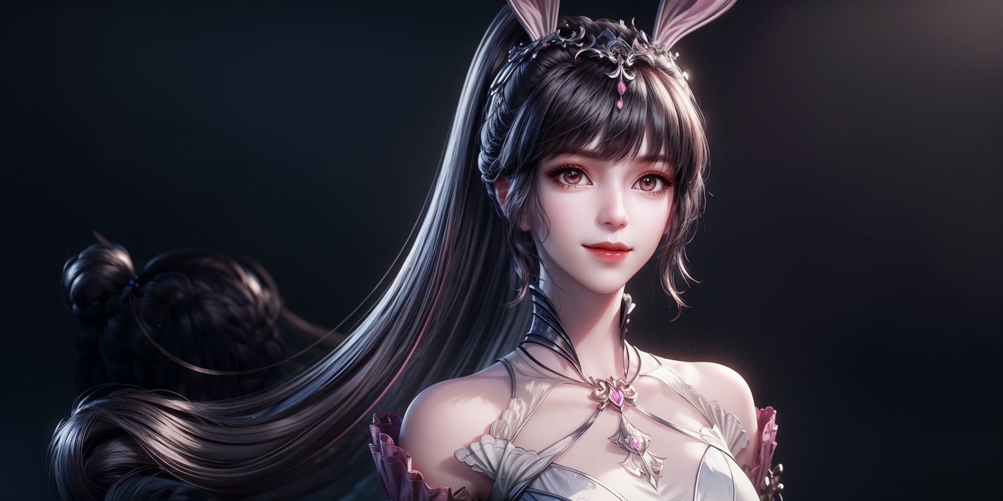masterpiece,best quality,illustration,anime,(solo:1.1),simple gray background,looking_at_viewer,upper_body,portrait,1girl,(mature_female:1.2),rabbit ears,dress,pink dress,hair ornament,collar,silver wire edging,black hair,very long hair,<lora:add_detail:1>,smile,<lora:成年小舞1.31:0.7>,