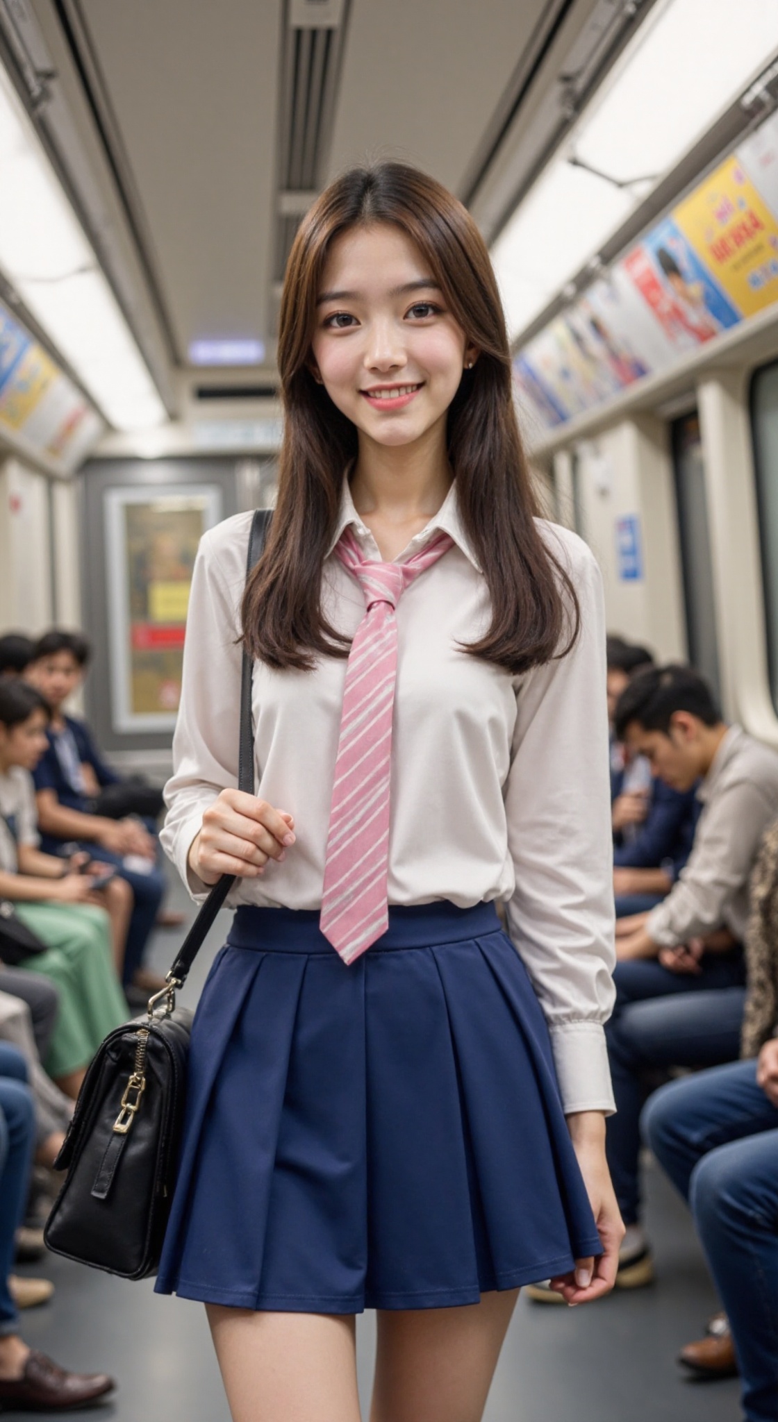 The image is a high-resolution photograph,A photograph of an girl with fair skin,standing on a subway train. She has straight long hair,and wears a white blouse,pink and white striped tie,and a blue short pleated skirt. She was carrying a black shoulder bag,with a confident expression and a smile on her face. Other passengers are seated in the background. The subway car has metal poles and advertisements on the walls.,