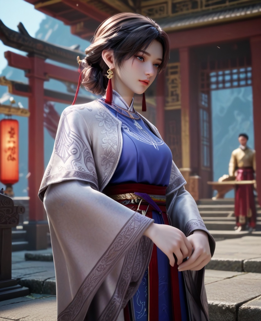 (oriental architecture, elegant decor, sophisticated style:1.1),(slouching:1.1),(breasts:1.2),<lora:XL16牧神记锦娘:0.95>,miss jinniang,blue shirt,white  jacket,blue eyes,black hair,single hair bun,earrings,red maxiskirt,wide sleeves,black footwear,, score_9,score_8_up,score_7_up,score_6_up,score_5_up,score_4_up,3d rendering,tag1,tag2, Cinematic Lighting,backlighting,