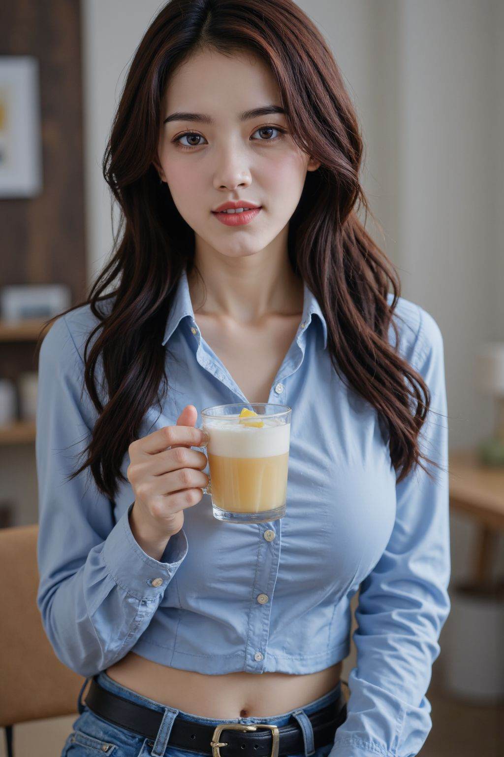 HDR photo of cinematic film still, 1girl, long hair, breasts, looking at viewer, smile, brown hair, shirt, black hair, long sleeves, navel, holding, brown eyes, medium breasts, sitting, food, teeth, solo focus, midriff, belt, pants, indoors, grin, blurry, cup, lips, fruit, blurry background, blue shirt, denim, holding cup, jeans, realistic, nose, drink, lemon, lemon slice,