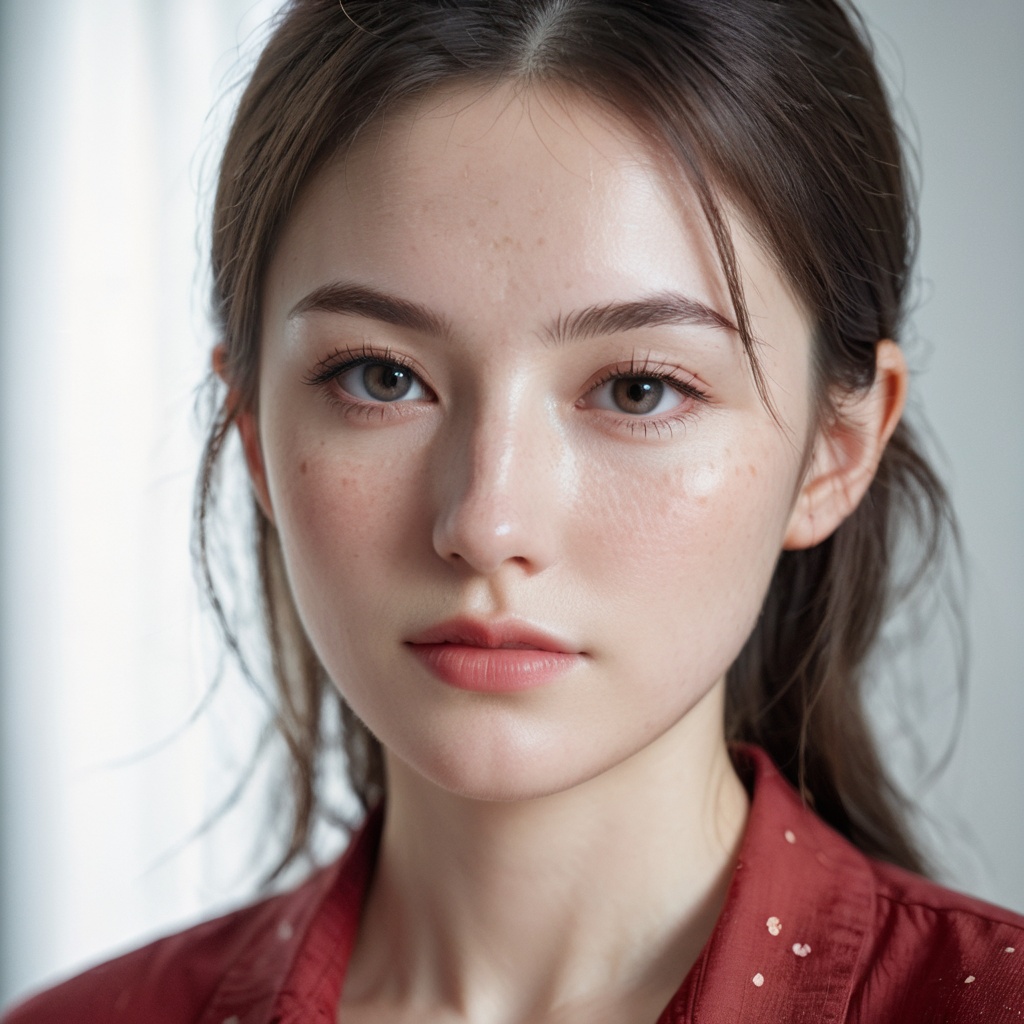 RAW photo,portrait of a beautiful woman wearing a red shirt (high detailed skin:1.2),8k uhd,dslr,soft lighting,high quality,film grain,Fujifilm XT3,upper body,cute face,eye level,focus on eyes,dappled light on face,pale skin,no make-up,detailed face and eyes,natural skin texture,highly detailed skin,textured skin,skin pores,[[[oiled shiny skin]]],skin blemish,imperfect skin,intricate skin details,visible skin detail,detailed skin texture,subsurface scattering,blush,few freckles,few moles,goosebumps,minor skin imperfections,skin pores,[[[wrinkles]]],vitiligo spots,whiteheads,blackhead,white pimples,red pimples,beauty spot,[[[[skin fuzz]]]],remarkable detailed pupils,detailed iris,very thin eyebrows,