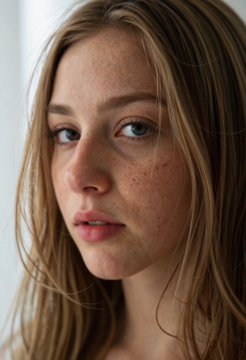 Photorealistic close-up portrait of a 26-year-old Scandinavian woman with natural freckles and subtle skin imperfections,...
