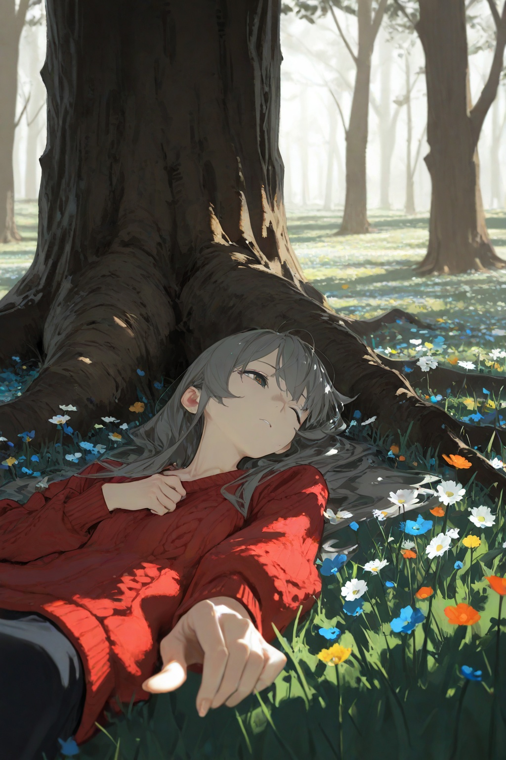 masterpiece,best quality,amazing quality,very aesthetic,absurdres,newest,highres,(dino_(dinoartforame):0.5),(yoneyama mai:0.5),(Yomu:0.3),solo,1girl,long_hair,grey_hair,big tree,rich color,amazing light and shadow effects,the shadow of the tree falls on the girl's face,the girl is wearing a wide sweater,close one eye,lying beside a big tree,looking to the sky,reach out,the sun shone through the fingertips into the girl's eyes,in a meadow,flower,