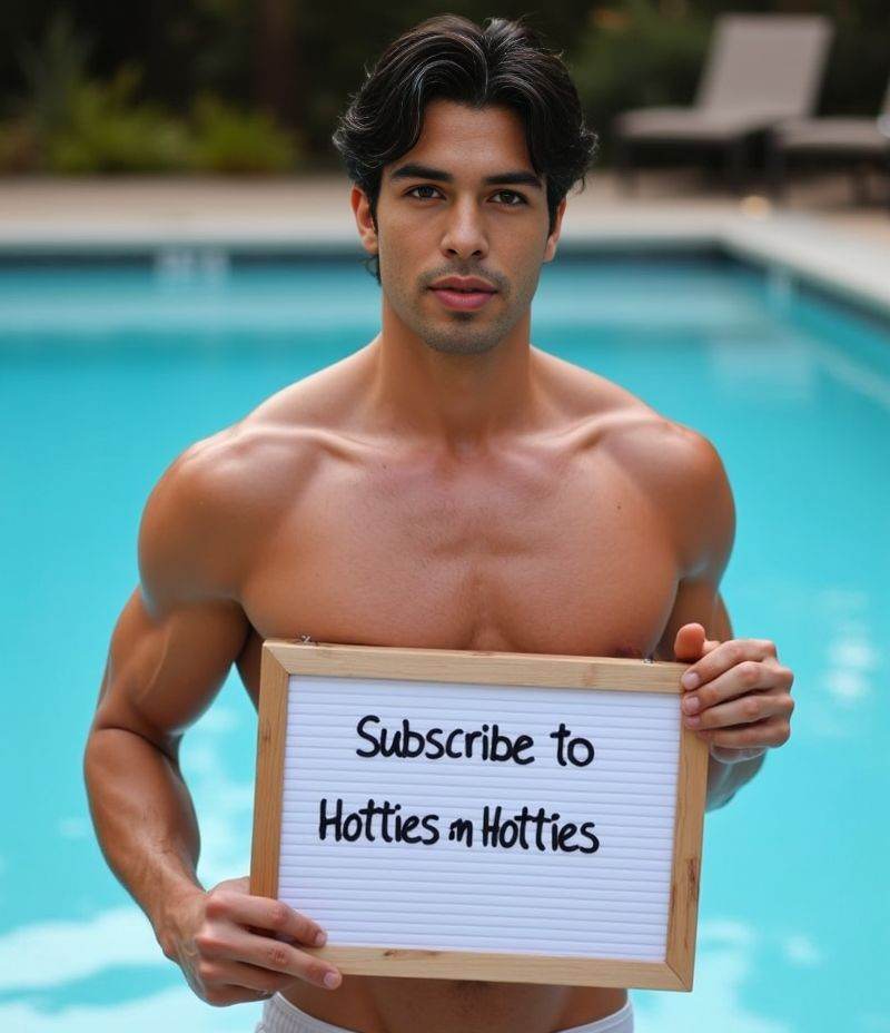 kirk bondad ,  standing by the pool in speedos holding a board in hand with written text "Subscribe to HottiesnHotties" on...