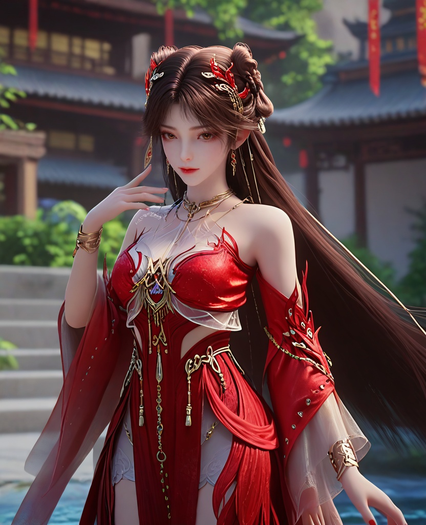 (oriental architecture, elegant decor, sophisticated style:1.1),pose,(breasts:1.2),<lora:XL16完美世界火灵儿天神境:0.95>,miss huolinger,solo,red dress,brown eyes,brown hair,absurdly long hair,double bun,hair ornament,jewelry,detached sleeves,bracelet,, zPDXL2, score_9, score_8_up, score_7_up BREAK realistic, masterpiece,best quality, highly detailed,, zPDXL3, zPDXL2,zPDXL, zPDXLxxx, zPDXLrl,