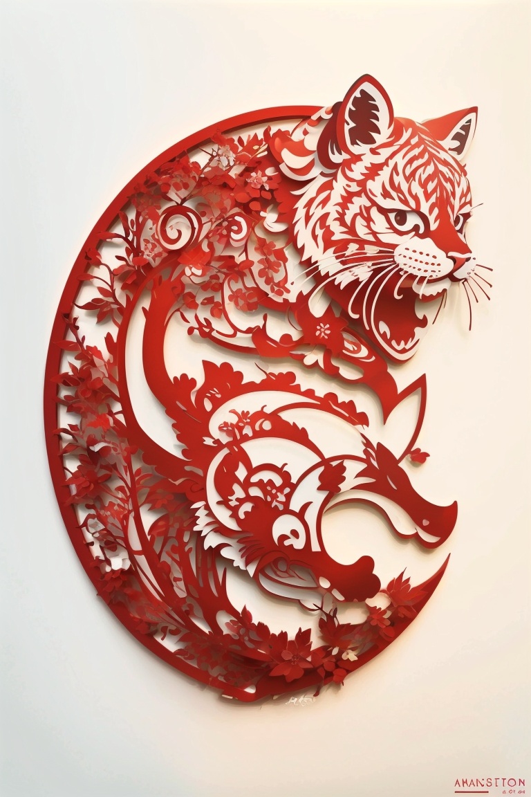 ((HRD, HUD, 8K)),((masterpiece, best quality)), highly detailed,paper-cut, monochrome, red theme, white background, simple background, no humans, tiger,  <lora:20231226-1703580387565:1>