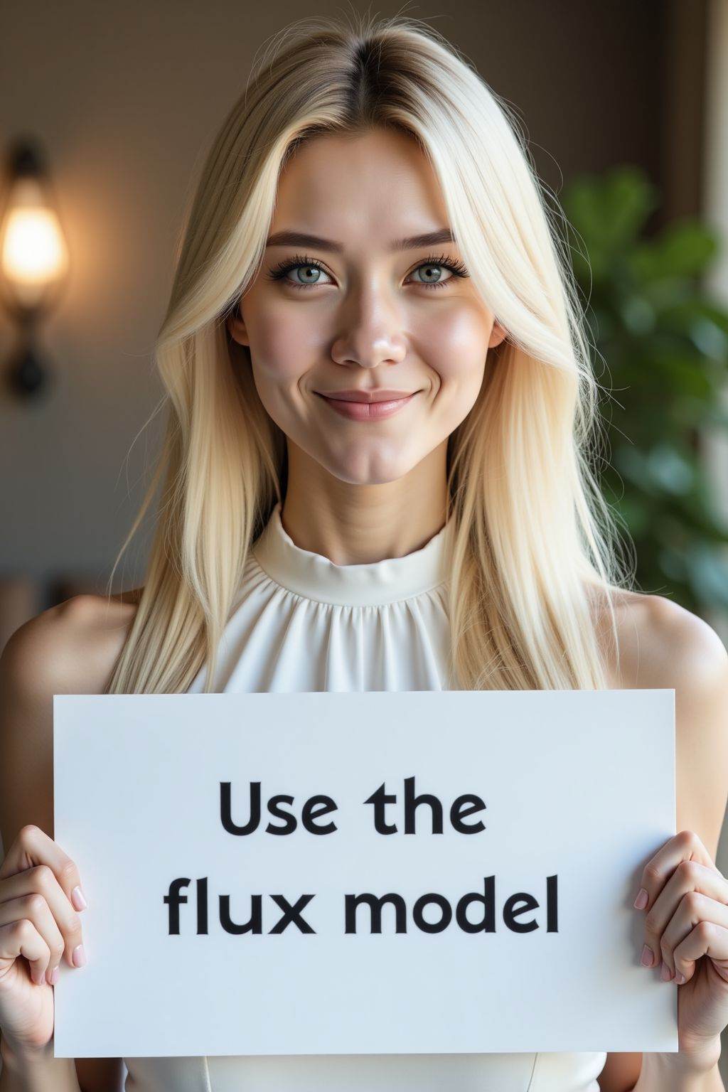 instagram photo, closeup face photo of 20 y.o, blue eyes, pale skin, smirk, blonde long straight hair, white halter neck dress, holding a sign with text "Use the flux model",
