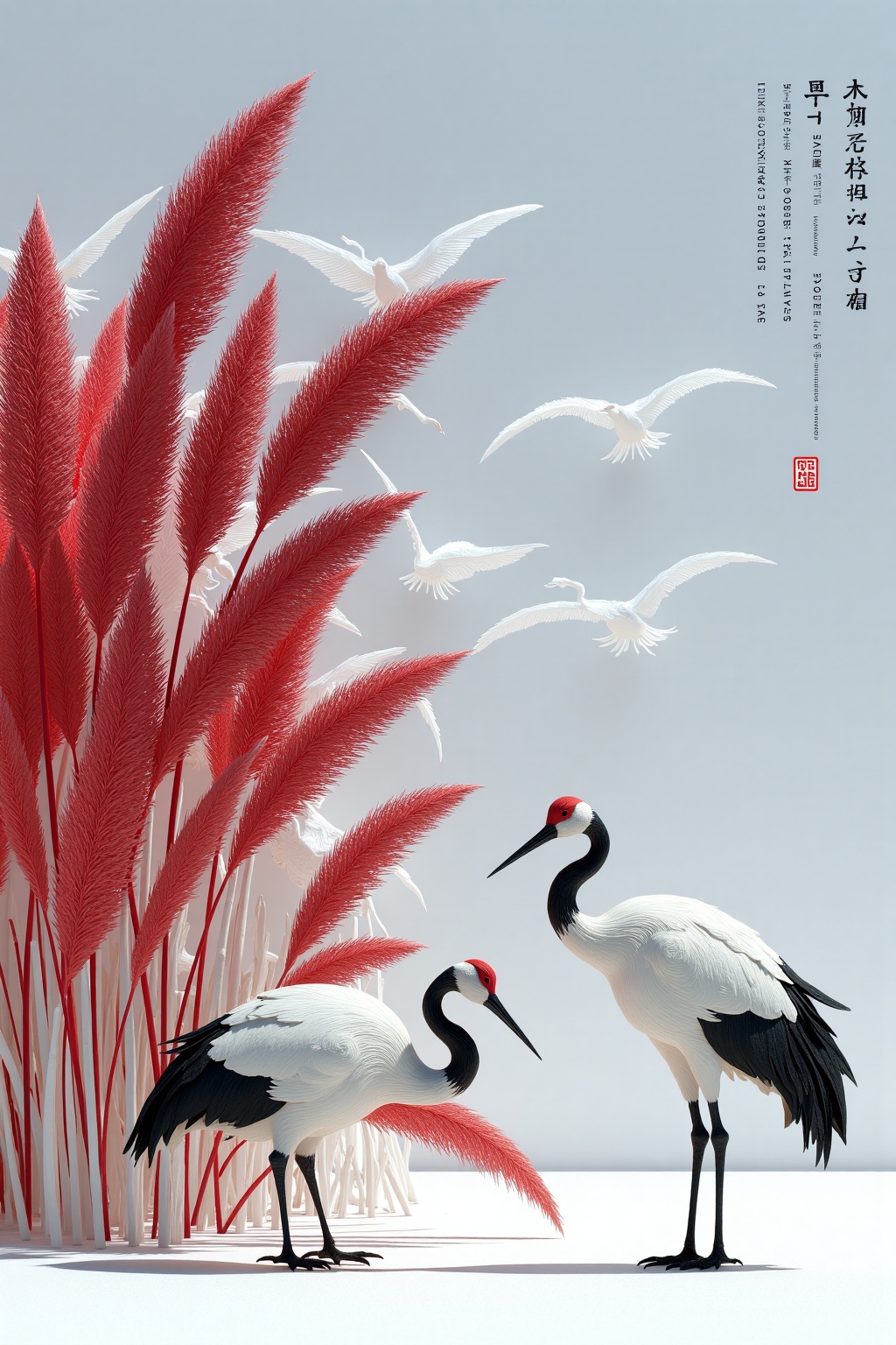 beijihui,two cranes are standing on a white surface, facing the left side of the frame. They are facing each other, their heads turned slightly towards the left. The cranes have black necks, a black beak, and a red head. They have long black legs, and black feet. To the left of the cranes, there are tall red reeds, their vibrant red leaves, adding a pop of color to the scene. In the background, a backdrop of white cranes can be seen, their shadows cast on the surface of the surface. The sky is a light blue, with a few wispy clouds in the background. Above them, the words "CHANIE - STET FAESS, S, INGUARY - STEAN PERIK / NOWHISKS - CAN - SAY - ONE. MEGUTH" is written in black text.