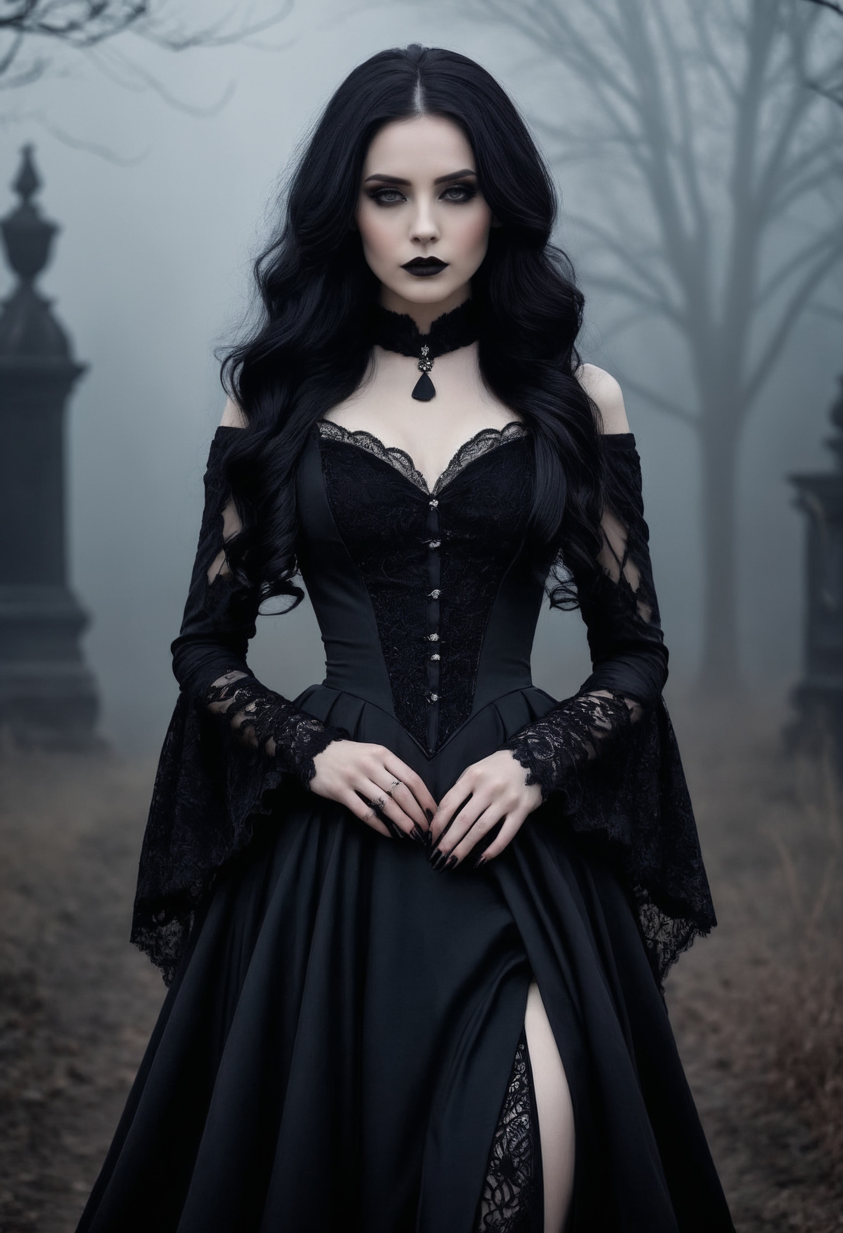 1girl,  gothic beauty,  long flowing black hair on Tensor.Art