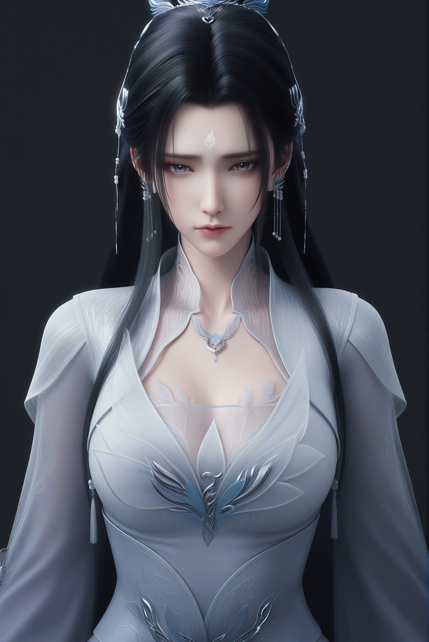 masterpiece,best quality,absurdres,highres,mature female,solo,<lora:新-陆雪琪-ill:0.85>,luxueqi,long hair,black hair,hair ornament,jewelry,earrings,forehead mark,hair bun,hair ribbon,grey_eyes,purple_pupils,(lonely:1.1),sad,BREAKcollarbone,sheer overlay,necklace,dress,belt,cleavage,see-through cleavage,looking at viewer,(front view),cowboy shot,simple background,black background,