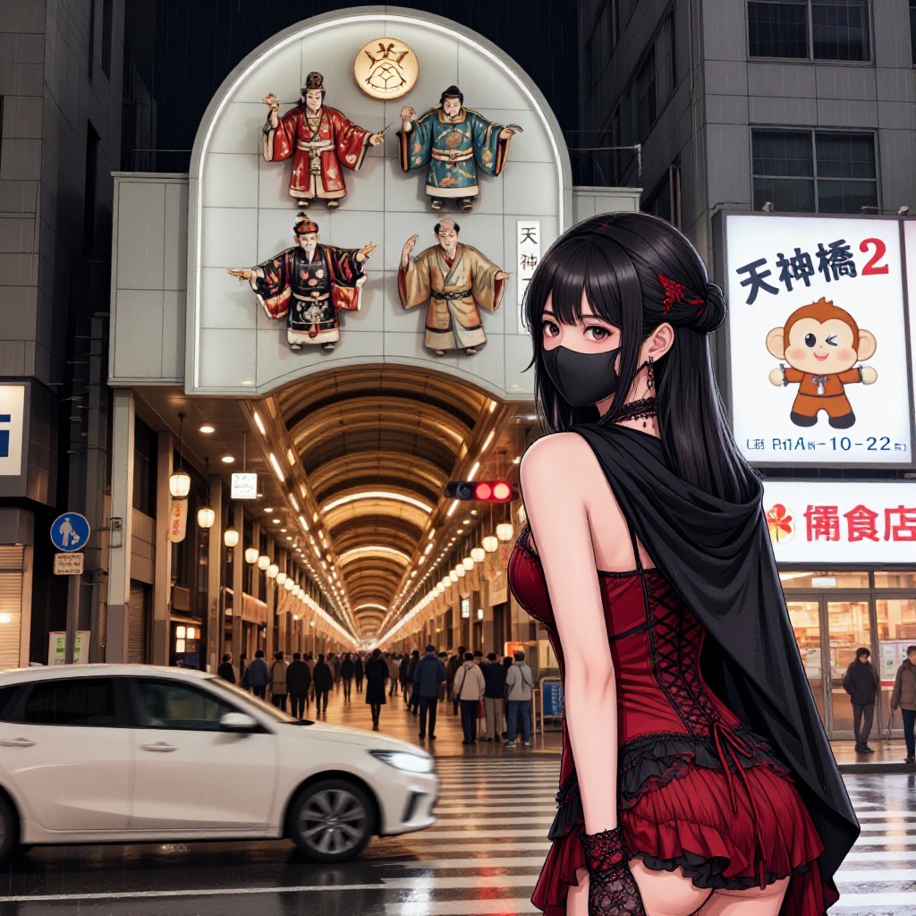 An illuminated entrance to the Tenjinbashi-suji shopping street arcade is captured at night,  presenting a vivid urban sce...