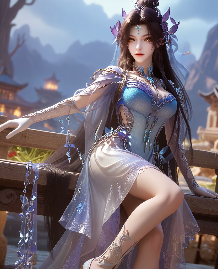 (Sitting on a bench with one leg bent, looking relaxed,:1.1),(large breasts:1.2),<lora:XL16云深不知梦羲和四象归一:0.95>,miss xihe,blue-violet to white ombre gown,yellow eyes,forehead pendan,black hair,traditional chinese updo with long front strands,absurdly long hair,hair ornament,jewelry,elbow gloves,butterfly embellishments,crystal gown hemline,, score_9,score_8_up,score_7_up,score_6_up,score_5_up,score_4_up,3d rendering,tag1,tag2, Cinematic Lighting,backlighting,