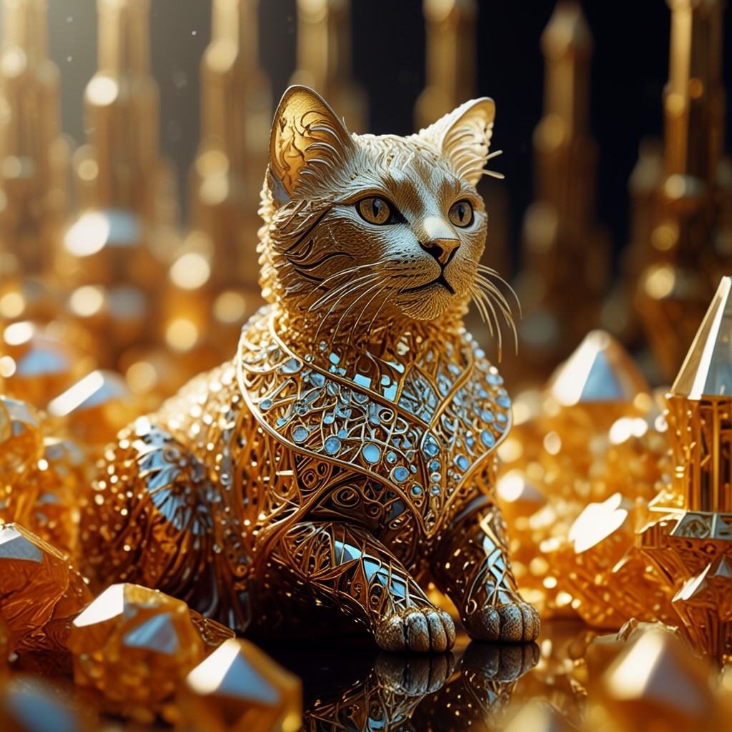 goldintricate This is a highly detailed,  digital CGI artwork depicting a golden,  intricately designed cat statue with a...