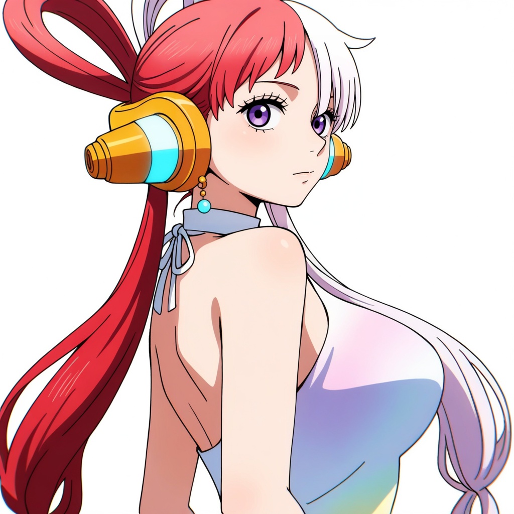 depth of field,masterpiece,best quality,very aesthetic,alternate costume,alternate costume,2024,2023,perfect composition,ultra-detailed,extreme aesthetic,masterpiece,best quality,good quality,newest,year 2024,year 2023,very aesthetic,absurdres,looking_at_viewer,colorful,1girl,solo,dress,breasts,jewelry,large breasts,earrings,bare shoulders,sleeveless,halterneck,looking at viewer,41,white_background,simple background,upper_body,<lora:乌塔:0.8>,Uta,Uta (one piece),Uta one piece,1girl,solo,split-color hair,red hair,two-tone hair,headphones,multicolored hair,hair rings,long hair,purple eyes,white hair,