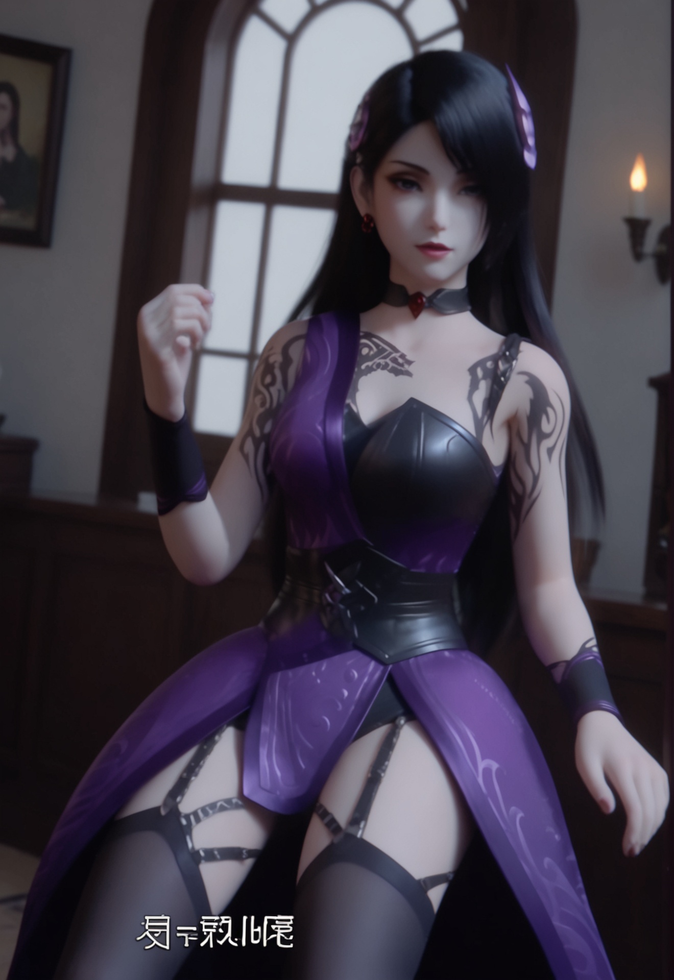 <lora:无名反派7:1>,1girl,solo,long hair,black hair,hair ornament,thighhighs,dress,choker,black thighhighs,indoors,tattoo,garter straps,purple dress,asymmetrical sleeves,