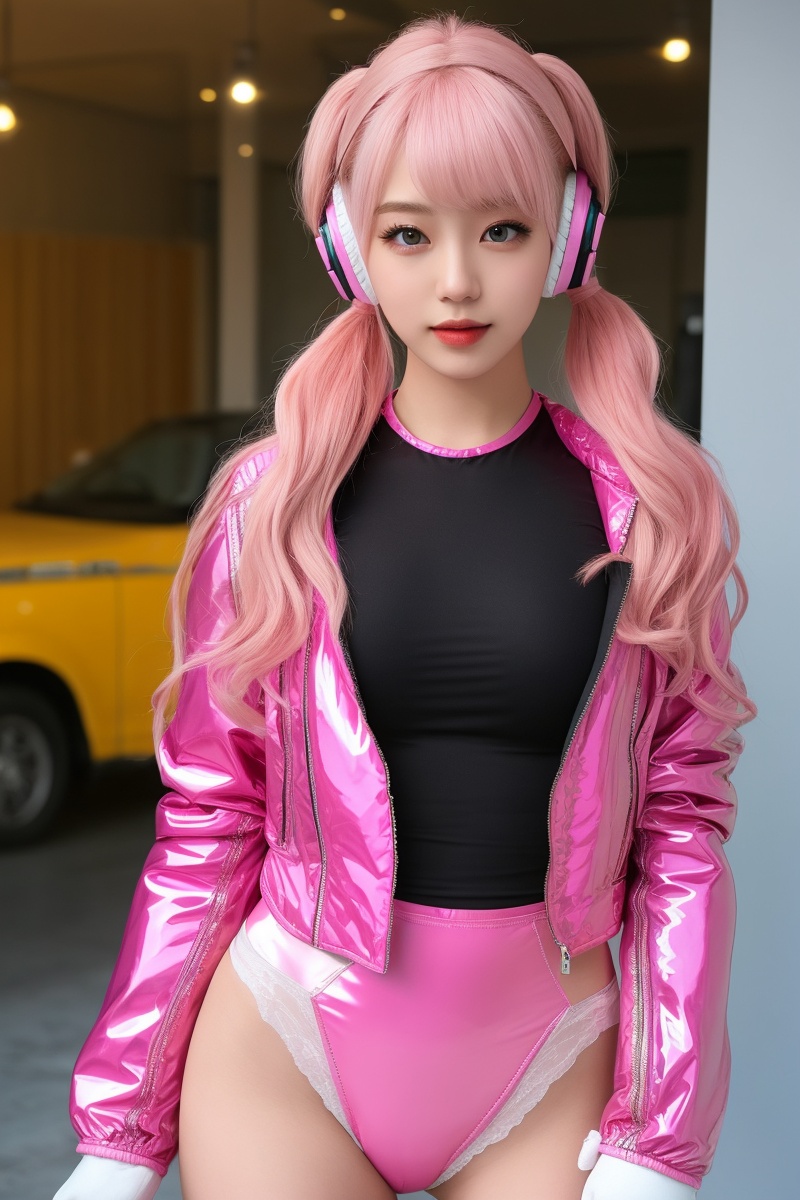1girl, arms up, bangs, bodysuit, breasts, covered navel, cropped jacket, gloves, headphones, impossible bodysuit, jacket, large breasts, long hair, long sleeves, looking at viewer, lying, medium breasts, on back, parted lips, pink bodysuit, pink eyes, pink hair, puffy sleeves, red jacket, shrug \(clothing\), skin tight, solo, twintails,alice \(nikke\),(masterpiece:1.4),(best quality:1.4),(shiny skin),realistic
