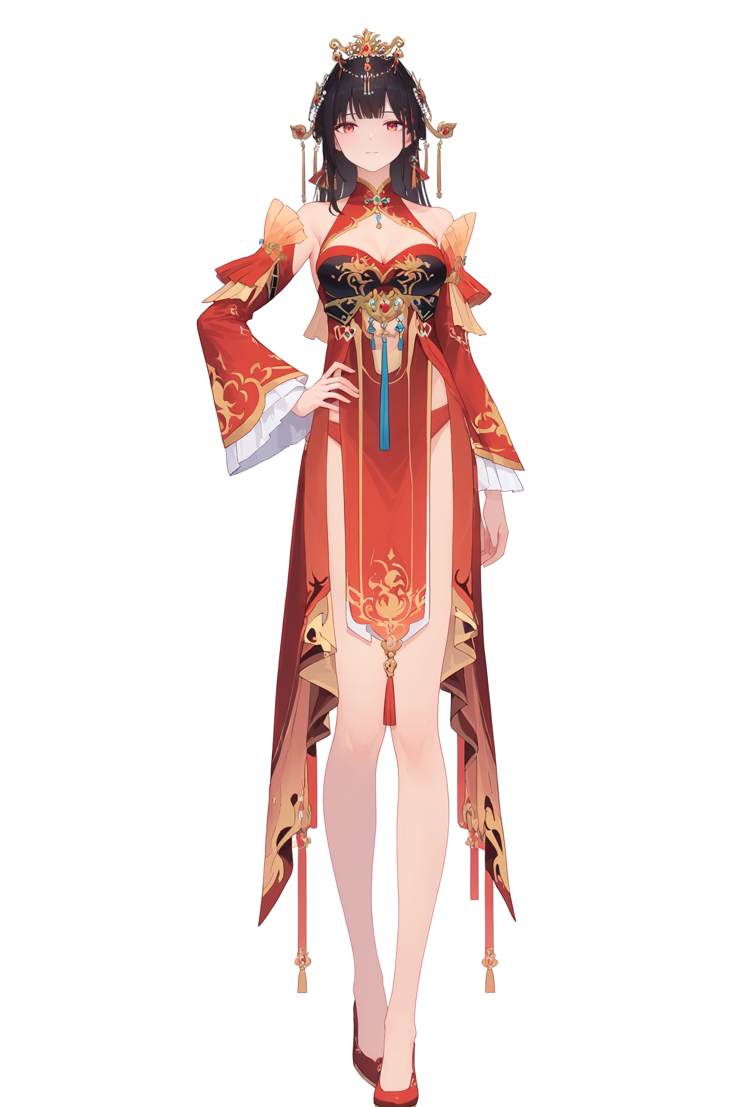 score_9,score_8_up,score_7_up,score_anime,8k,best quality,masterpiece,(ultra-detailed),(high detailed skin),(by nanoless, by misumi \(macaroni\),:0.5),<lora:YLI 0.1v:0.25>,<lora:style1:0.25>,A full-body portrait of a young girl,standing gracefully,pastel art style,high-key lighting,shoujo manga influence,hd quality,delicate details,full body,full shot,standing,looking at viewer,(solo:1.2),simple background,white background,hand on own hip,<lora:cbcnwed-pony-Tanger-000019:0.8>,yao,clothes: yao balck and red dress,2nd clothes,yao tiara with rubies,black hair,1girl,breasts,red footwear,see-through clothes,yao red panties,