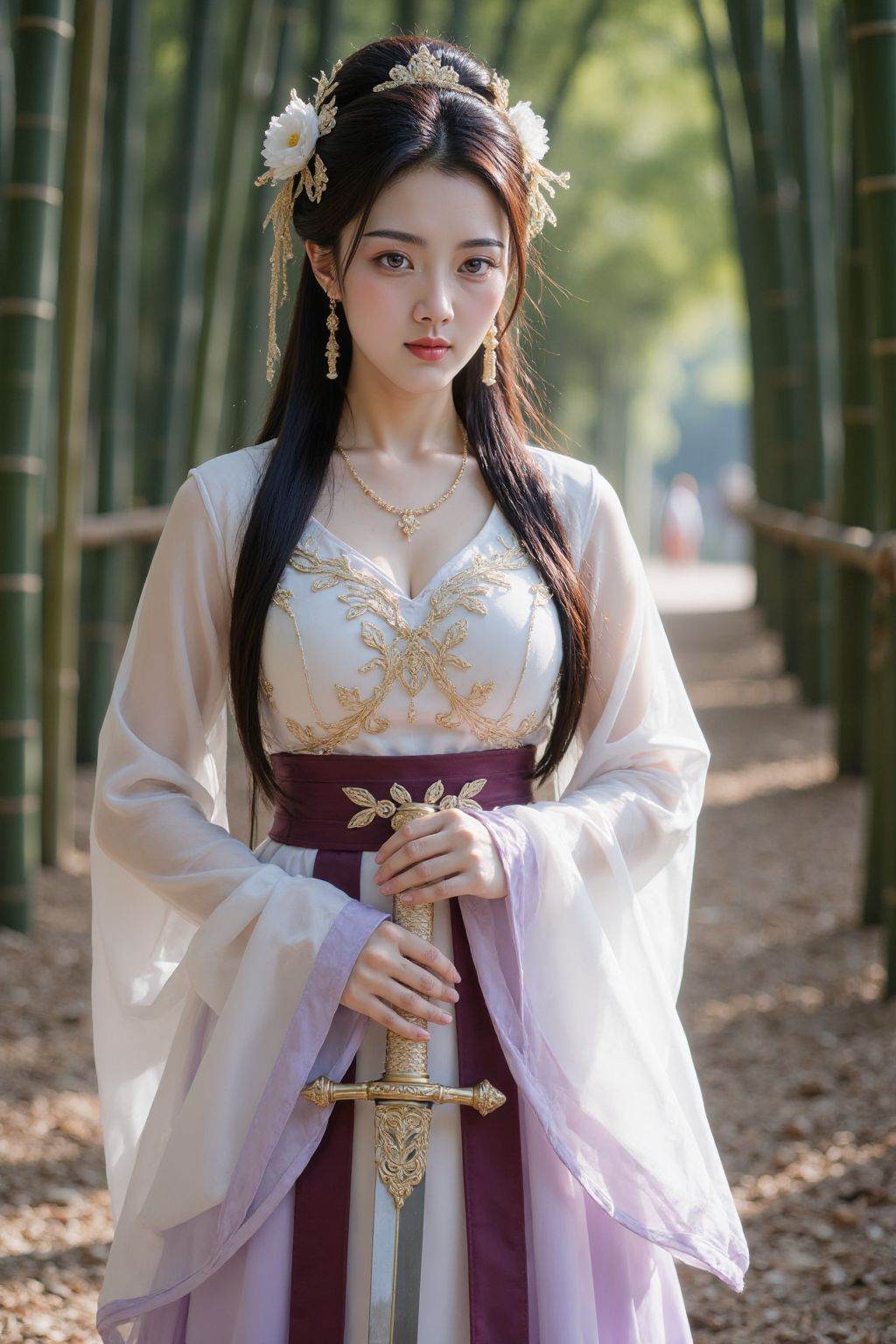 This is a high-resolution photograph of a young Asian woman standing in a serene bamboo forest. She is dressed in an elaborate,traditional Chinese qipao gown with a V-neck and long,flowing sleeves. The gown is **** of a soft,translucent fabric in pastel shades of white,pink,and lavender,adorned with intricate golden embroidery. A deep burgundy sash cinches the waist,adding a bold contrast to the delicate fabric. Her long,straight black hair is styled in an elaborate updo,adorned with white and gold floral hairpins and a delicate white flower headpiece.,In her right hand,she holds a traditional Chinese sword,its hilt wrapped in intricate golden threads,and its blade gleaming in the soft,diffused light. The background is a dense bamboo forest,with tall,green bamboo stalks that create a natural,serene atmosphere. The forest floor is covered in fallen leaves and scattered petals,adding to the ethereal ambiance. The light filtering through the bamboo creates soft,dappled shadows,enhancing the tranquil and mystical atmosphere. The overall composition is rich in detail,texture,and color,capturing a moment of peaceful strength and elegance.,