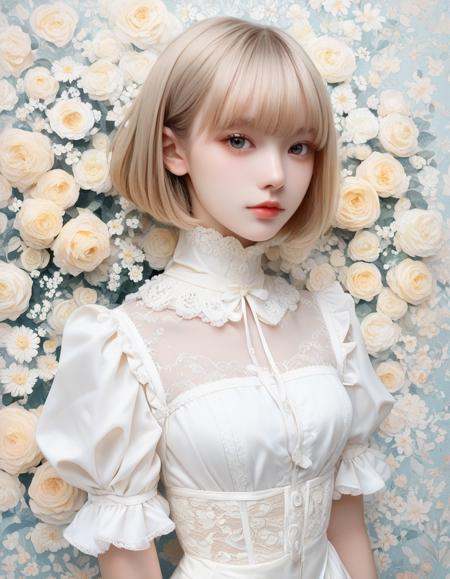 score_9, score_8_up, high quality, masterpiece,natural skin, skin pore,  pale skin,Perfect human body, from waist up, front view, standing,1 girl, Portrait , blonde short bob hair, puffy face, straight bangs, high collar white blouse, lace and frills, flower wallpaper background, 