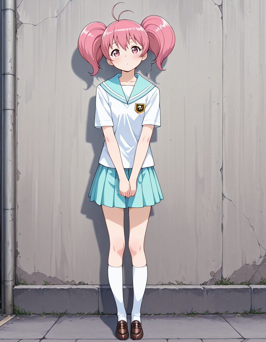 masterpiece, best quality, amazing quality, outdoors, wall, school,1girl, looking at viewer, solo, head tilt, blush, v arms, standing, full body,<lora:megumi_minami-tantei_gakuen_q_s1-v2-ixl-anime-soralz:1>, megumi minami (tantei gakuen q), short hair, twintails, antenna hair, pink hair, hair between eyes, pink eyes,school uniform, white serafuku, aqua sailor collar, short sleeves, aqua pleated skirt, white kneehighs, brown loafers, <lora:StS-Illustrious-Detail-Slider-v1.0:3>