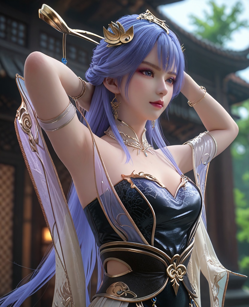 (oriental architecture, elegant decor, sophisticated style:1.1),(Standing, arms raised to the sides, palms up,:1.1),(breasts:1.2),<lora:XL百炼成神天穹:0.9>,miss tianqiong,jewelry,long hair,hair ornament,bangs,blue hair,dress,earrings,bare shoulders,purple eyeshadow,blue eyes,bracelet,cleavage,detached collar,, zPDXL2, score_9, score_8_up, score_7_up BREAK realistic, masterpiece,best quality, highly detailed,, zPDXL3, zPDXL2,zPDXL, zPDXLxxx, zPDXLrl,