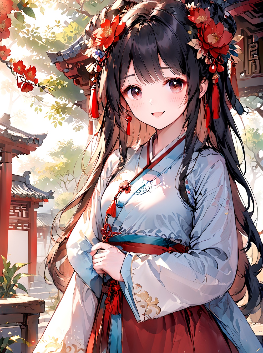 Hanfu,O,1girl, solo, black hair, hair ornament, long hair, looking at viewer, flower, smile, hair flower, long sleeves, outdoors, skirt, tassel, red skirt, tree, bangs, shirt, parted bangs, white shirt, open mouth, cowboy shot, chinese clothes, blush, standing, red flower, day