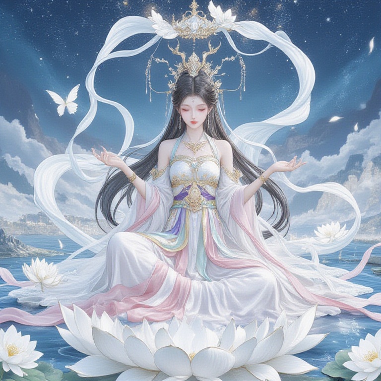 Chinese mature woman,Sitting cross-legged on a white lotus throne and a golden hat above his head,in anime style appearance,White Hanfu,golden crown,eyes closed,1girl,jewelry,long hair,hands out of hydrangea,hands tighhighs,see see Holding,see body,lovely little princess,dragon lady,with a pair of dragon horns ((masterpiece,best quality))) on her head,((good structure, good composition,good glowing translucent), Translucent of women),tiny golden accents,beautifully and intricately detailed,ethereal glow,whimsical,art by Mschiffer blue theme,off original,view (beautiful),transparent,shiny_clothes,pink chest pleated skirt,white with yellow pibo,pink pibo,qingsha,dunhuang((water drops)),wet clothes,((beautiful detailed water)),((floating)),dynamic angle,((Beautiful butterflies in detail)),((Beautiful stars in detail)),(((halter dress ))),particle,(Starry sky in beautiful detail),(Hazy fog),(Ruins of beautiful details),(((Standing on the surface of the sea))),yellow waistband,purple with white waistband,light green waistband, <lora:风月无边illustrations_v1.0:0.51> <lora:FLUX-汉服人像艺术-国风-氛围感-liangyi_尝鲜版:0.41> <lora:kingheretynjfl:0.41> <lora:flux_gf_v4.0:0.5> <lora:flux-test-lora:0.5> <lora:FLUX1-超写实逼真黑悟空-支持在线生图_FLUX-超写实黑悟空--V1:0.51> <lora:dunhuang:0.51>