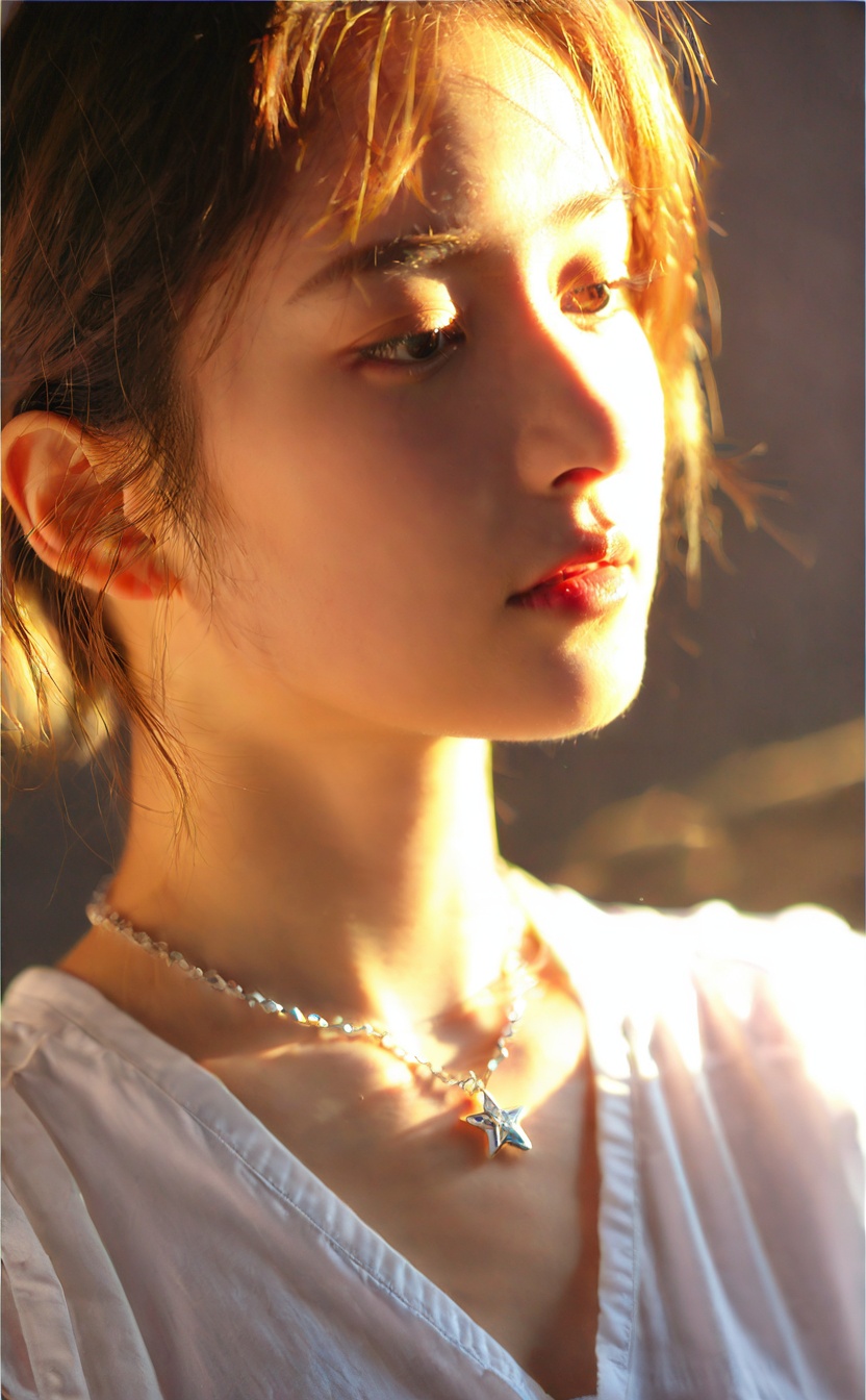 mugglelight,close up,face shot,a girl wearing a necklace,tilts her head slightly downward,1 girl,solo,necklace,white shirt,a gentle breeze ruffling her short hair,the necklace glinting in the sunlight,resembling a shining star.,
