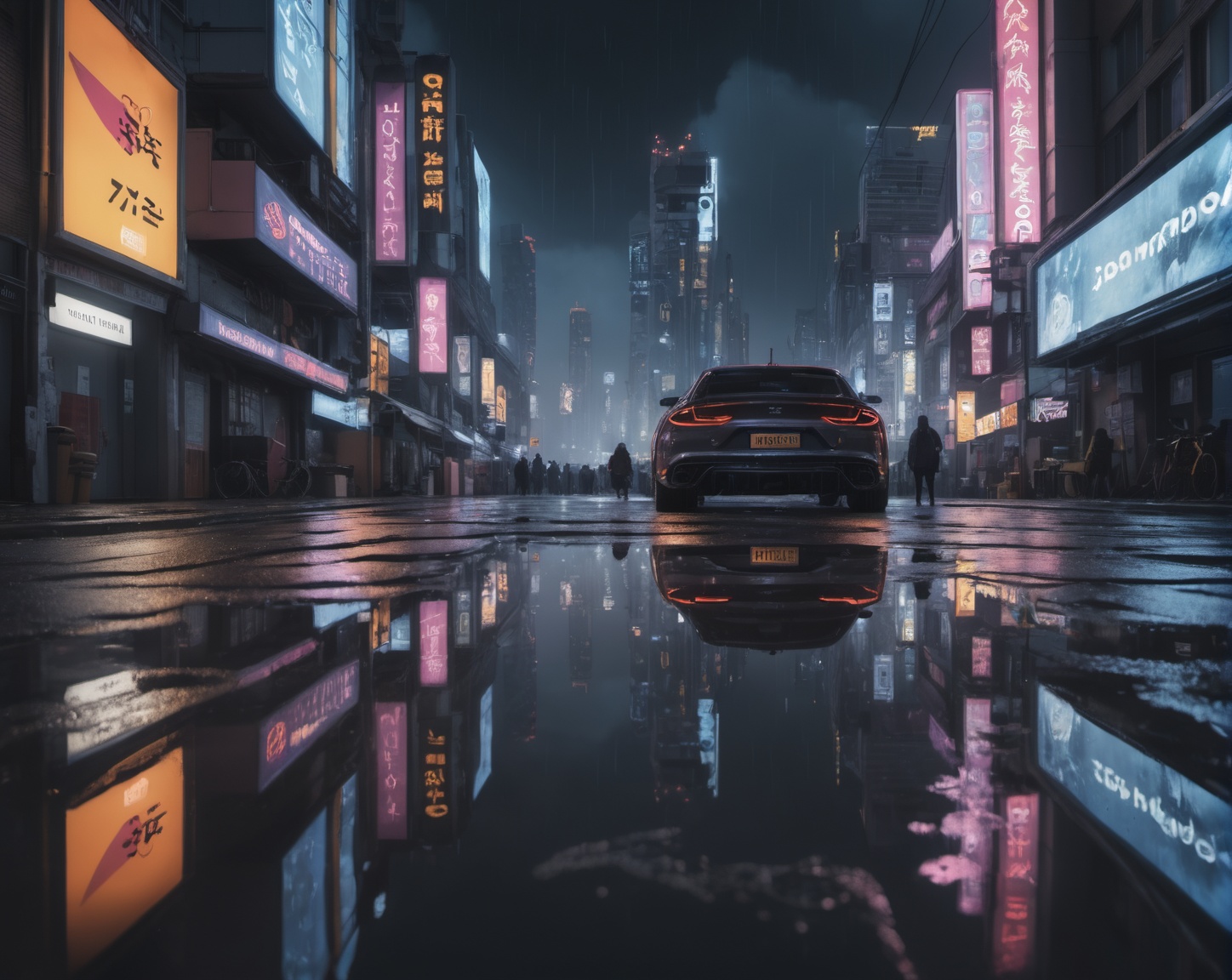 detailed landscape photo of a cyberpunk city ,  reflecting puddles,  epic night sky on Tensor.Art