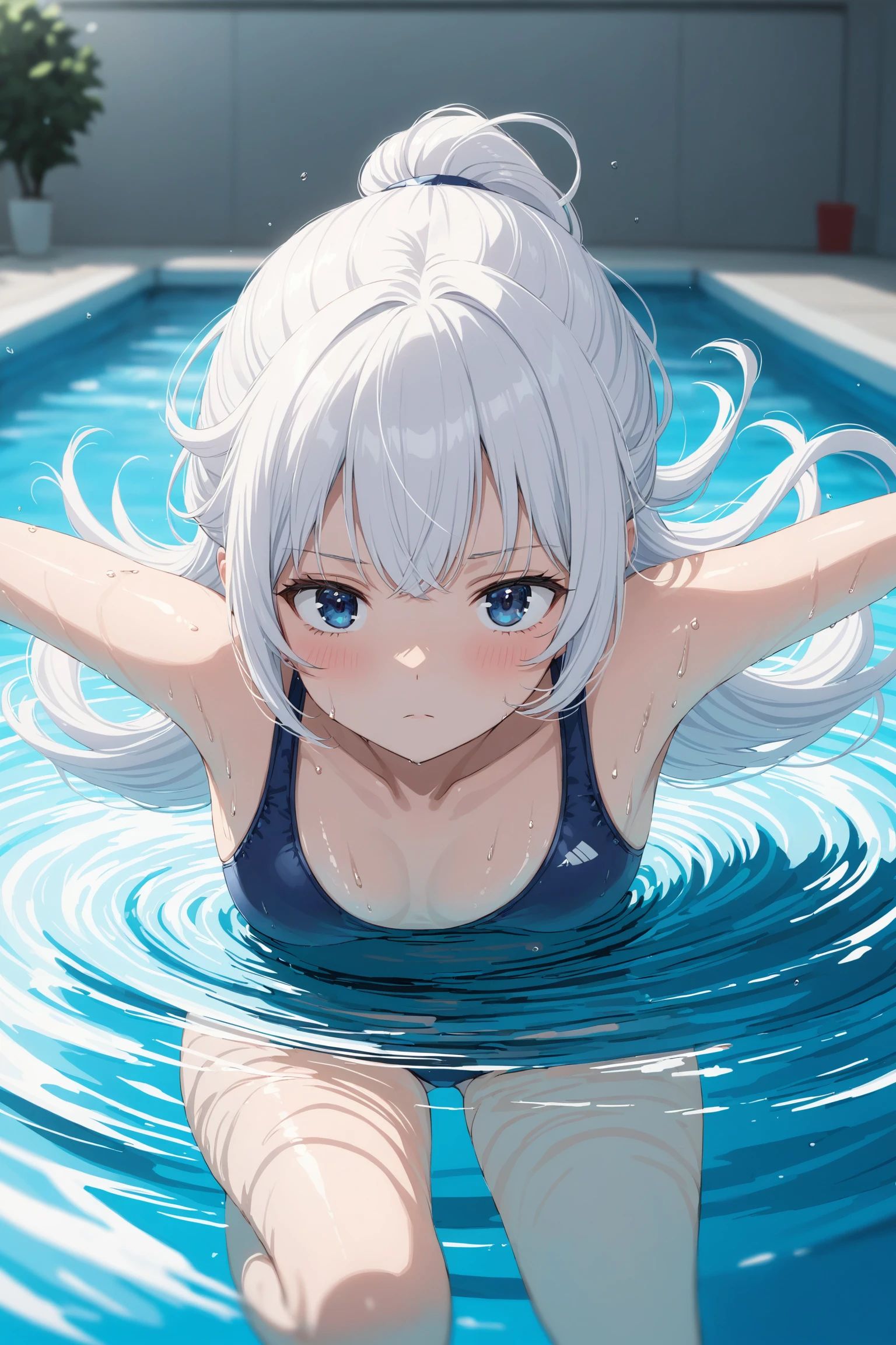 1girl, solo, swimming, school swimsuit, white hair, long hair, expressionless, motion blur, swimming pool, masterpiece, best quality,