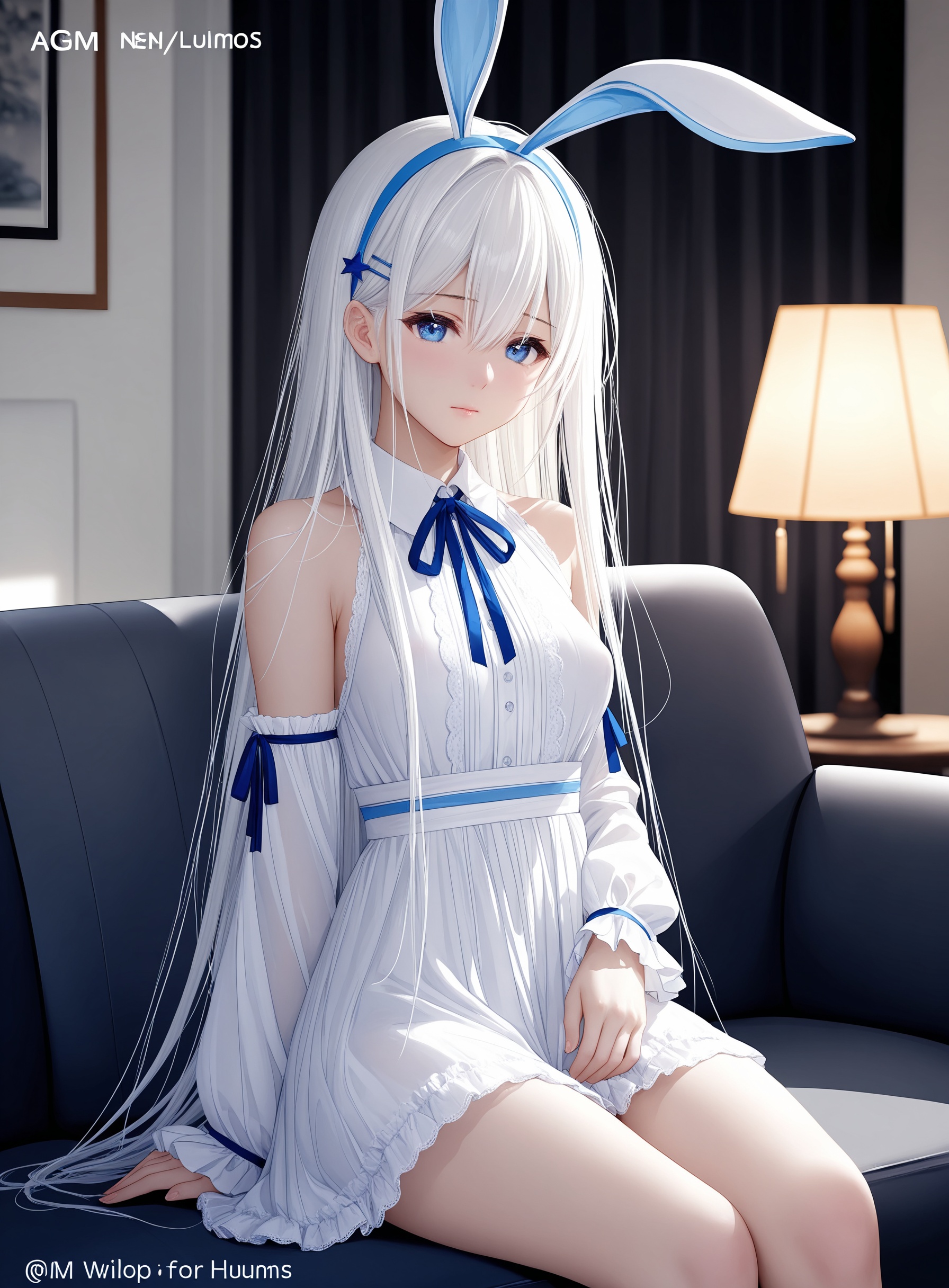 1girl, solo, petite, long hair, white hair, bangs, blue eyes, medium breasts, hair ornament, ribbon, hair between eyes, fake animal ears, hair ribbon, hairband, hairclip, star \(symbol\), neck ribbon, blue ribbon, star hair ornament, detached sleeves,  blue hairband, rabbit ears, blue ears, white shirt, collared dress, closed mouth, sitting, living room,cinematic lighting, contour deepening, high-key and low-variance brightness scale, soft light, depth of field,(artist:konya_karasue:0.3),(artist:meion:0.4),(artist:jima:0.2),(artist:torino_aqua:0.1),(artist:sora_72-iro:0.6),(artist:miwabe_sakura:0.2),(artist:wlop:0.4),(artist:ciloranko:0.3),(artist:binggong_asylum:0.6),(artist:ask_\(askzy\):0.3),(artist:bison_cangshu:0.7),(artist:yunsang:0.2),(artist:ningen_mame:0.3),(artist:sho_\(sho_lwlw\):0.3),(artist:rhasta:0.2),(artist:deyui:0.2),(artist:chen_bin:0.5),(artist:omone_hokoma_agm:0.7),(artist:pottsness:0.4),(artist:hiten_\(hitenkei\):0.3),(artist:rimuu:0.2),(artist:mignon:0.2),(artist:sheya:0.2),(artist:kedama_milk:0.2),(artist:wanke:0.2),(artist:kazutake_hazano:0.2),(artist:fujiyama:0.2),(artist:houkisei:0.2),(artist:gujianshaonu:0.2),(artist:modare:0.2),(artist:swd3e2:0.2),(artist:quan_\(kurisu_tina\):0.4),(artist:xiaoluo_xl:0.3),official art,depth of field,best quality,amazing quality,very aesthetic,absurdres,best quality,masterpiece,ultra detailed, newest,8K,HDR,masterpiece,best quality,newest,absurdres,highres,very awa,