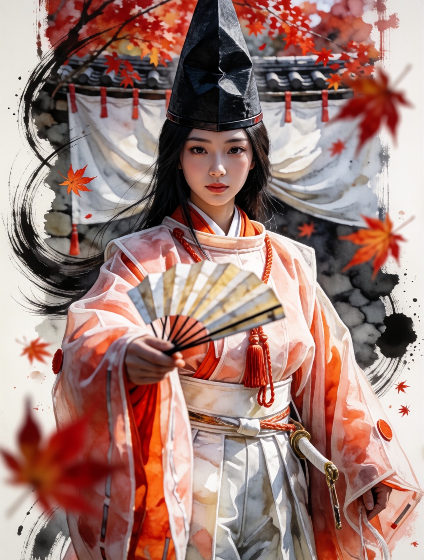 shirabyoshi,  This is an artistic,  anime-style digital watercolor painting featuring a close-up of a beautiful young woma...