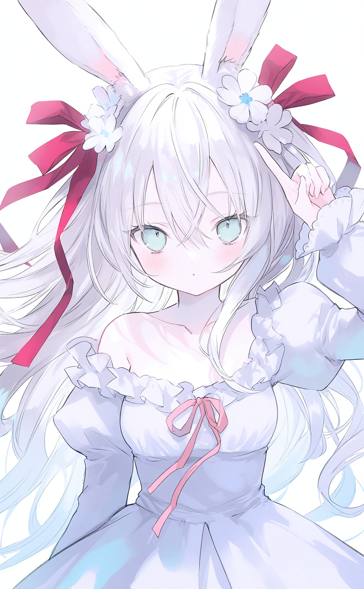 masterpiece,absurdres,best quality,loli,petite,high quality,chromatic_aberration,//,best,1girl,animal ears,solo,dress,rabbit ears,ribbon,long hair,flower,white dress,hair flower,white hair,looking at viewer,hair ornament,long sleeves,red ribbon,white background,hair between eyes,off shoulder,white flower,blue eyes,puffy sleeves,collarbone,frills,white theme,hair ribbon,arm up,frilled dress,rabbit girl,parted lips,simple background,index finger raised,pink ribbon,upper body,very long hair,off-shoulder dress,breasts,animal ear fluff,juliet sleeves,neck ribbon,blush,aqua eyes,bare shoulders,green eyes,pointing,expressionless,medium breasts,pointing up,:o,floral background,closed mouth,hand up,grey eyes,blue flower,//,<lora:guimao2025.10.24——【noob】hans:1>,