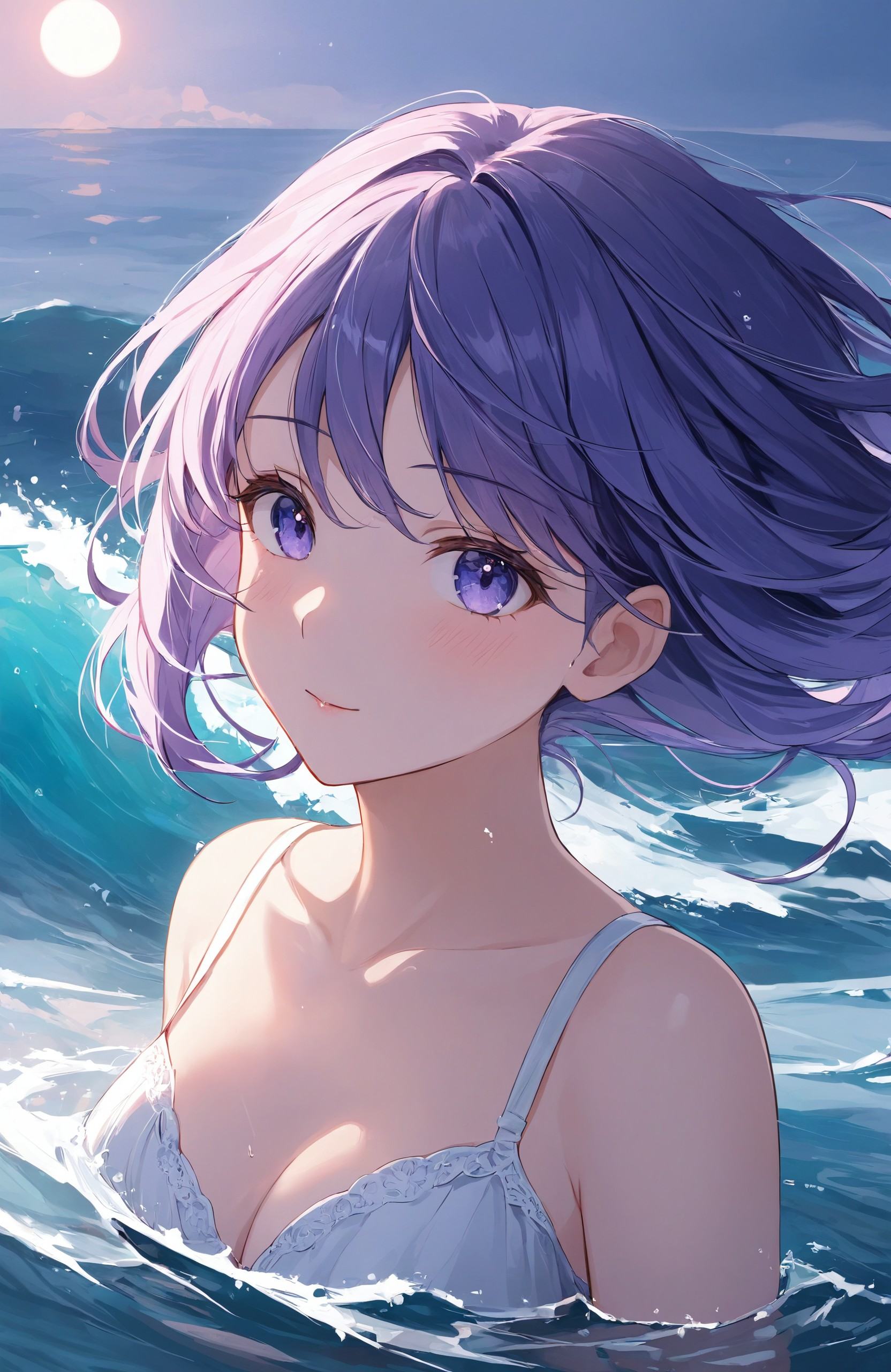 "Gentle anime art style, a serene portrait of a young woman with ethereal beauty, set against a background of swirling blue and purple waves. Her calm expression and delicate features are highlighted by the soft moonlight that illuminates the scene. The flowing water elements around her create a sense of peaceful movement, as if she is one with the ocean."