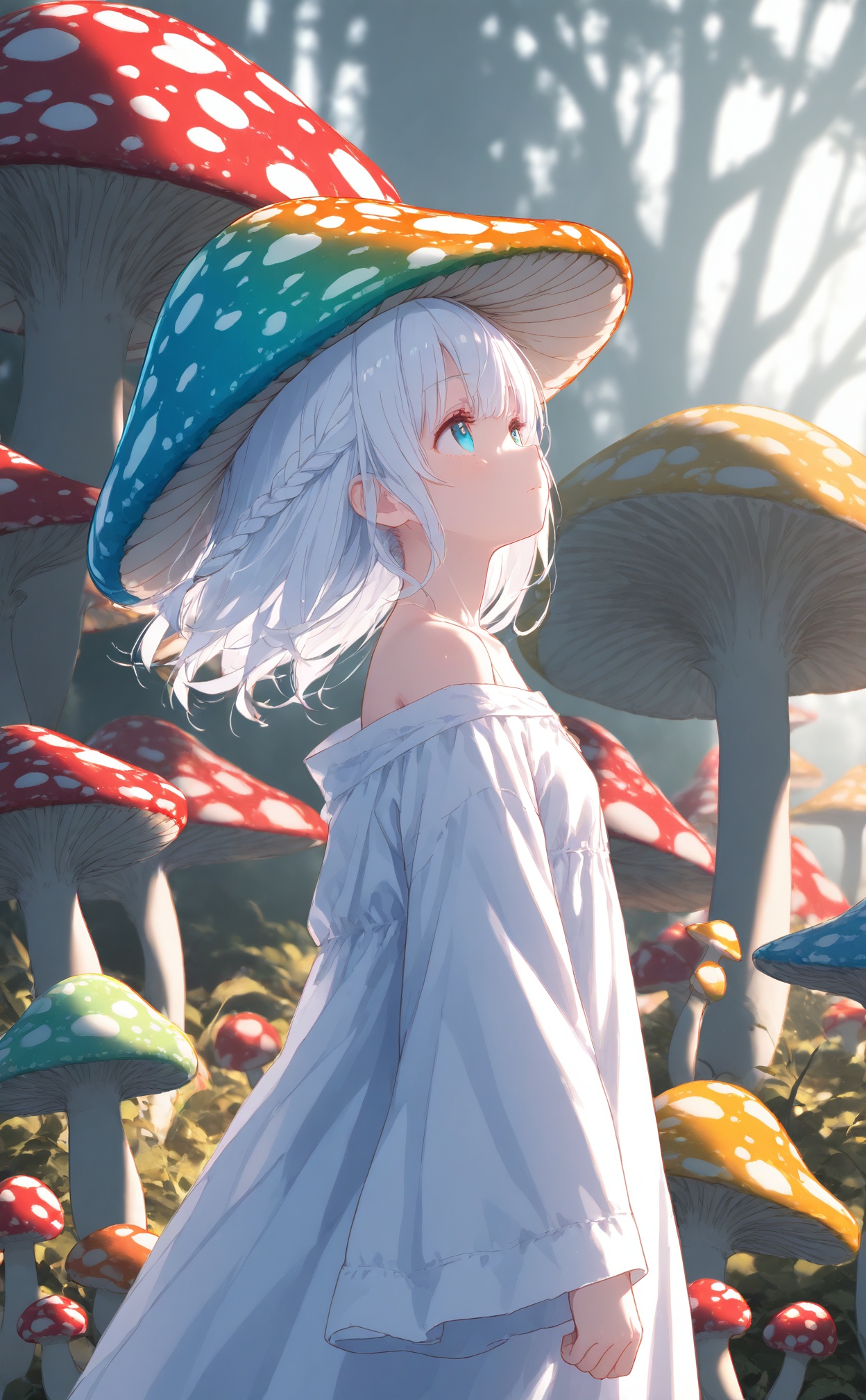 masterpiece,best quality,high quality,loli,chromatic_aberration,//,llustration,ultra detailed,hdr,Depth of field,(colorful),loli,1girl,bare shoulders,cold theme,broken glass,broken wall,aqua theme,white hair,blinking,white dress,closed mouth,constel lation,flat color,braid,blinking,white robe,float,closed mouth,constel lation,flat color,looking up,standing,medium hair,standing,solo,In the mushroom forest,wearing (mushroom hats:1.3),big mushroom hats,spotted mushroom hats,lots of white spots,//,year_2023,year_2024,//,official art,depth of field,detailed light,blurry background,cinematic lighting,ray tracing,ultra detailed,god rays,backlighting,photo background,film grain,chromatic aberration,volumetric lighting,depth of field,blurry background,shiny skin,floating hair,cinematic lighting,day,very aesthetic,<lora:rouhe——【noob】hans:1>,