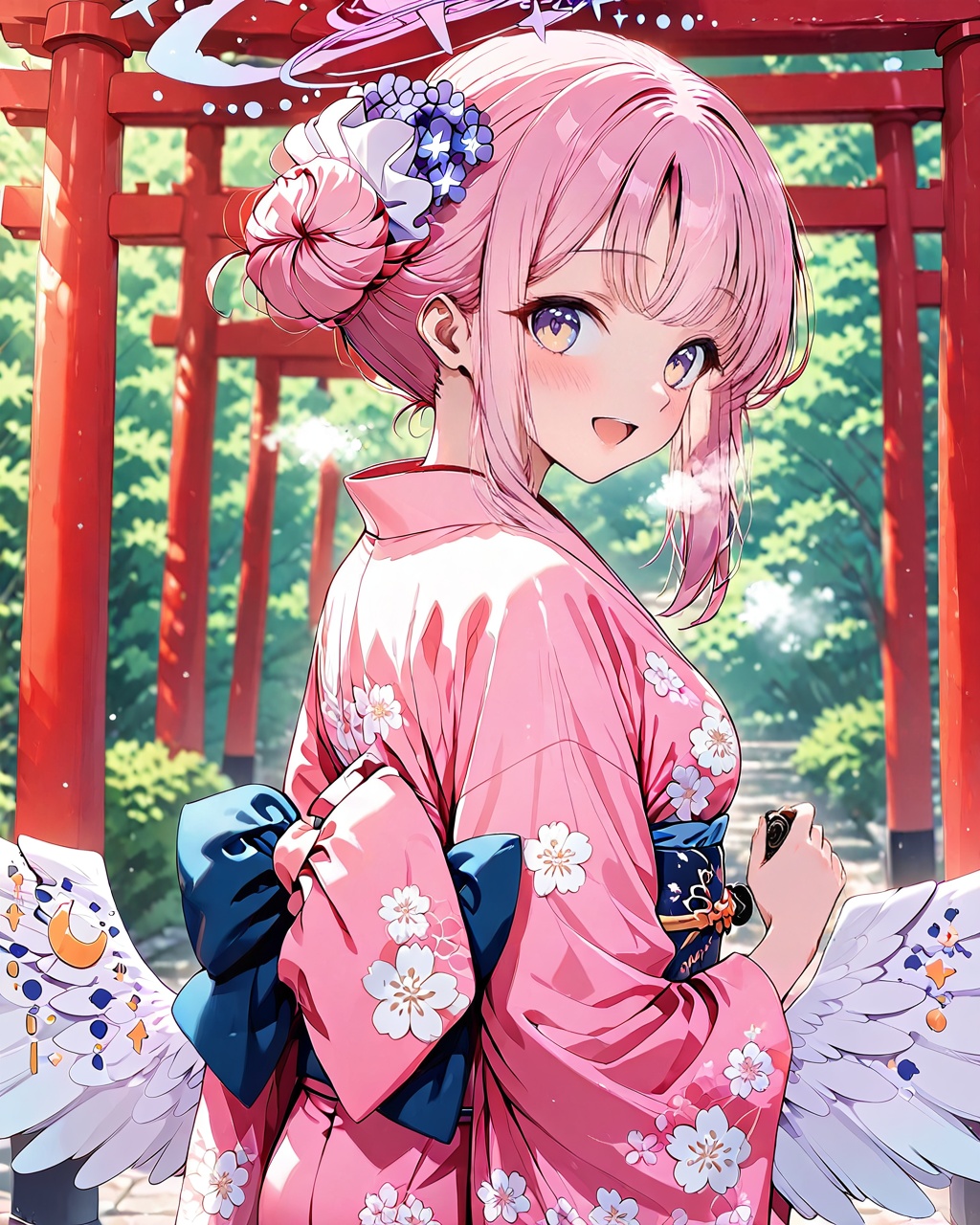 mika (blue archive),O,1girl, japanese clothes, solo, pink hair, hair ornament, kimono, flower, wings, hair bun, hair flower, low wings, mika (blue archive), feathered wings, halo, looking at viewer, floral print, purple eyes, angel wings, open mouth, white wings, smile, sash, blush, bangs, pink kimono, obi, wide sleeves, torii, single side bun, breath, single hair bun, sidelocks, long sleeves, :d, looking back, print kimono, alternate costume, bow,(UHD),anatomically correct,accurate,textured skin,super detail,high details,award winning,best quality,high quality,retinal,HD,16k,1080P,