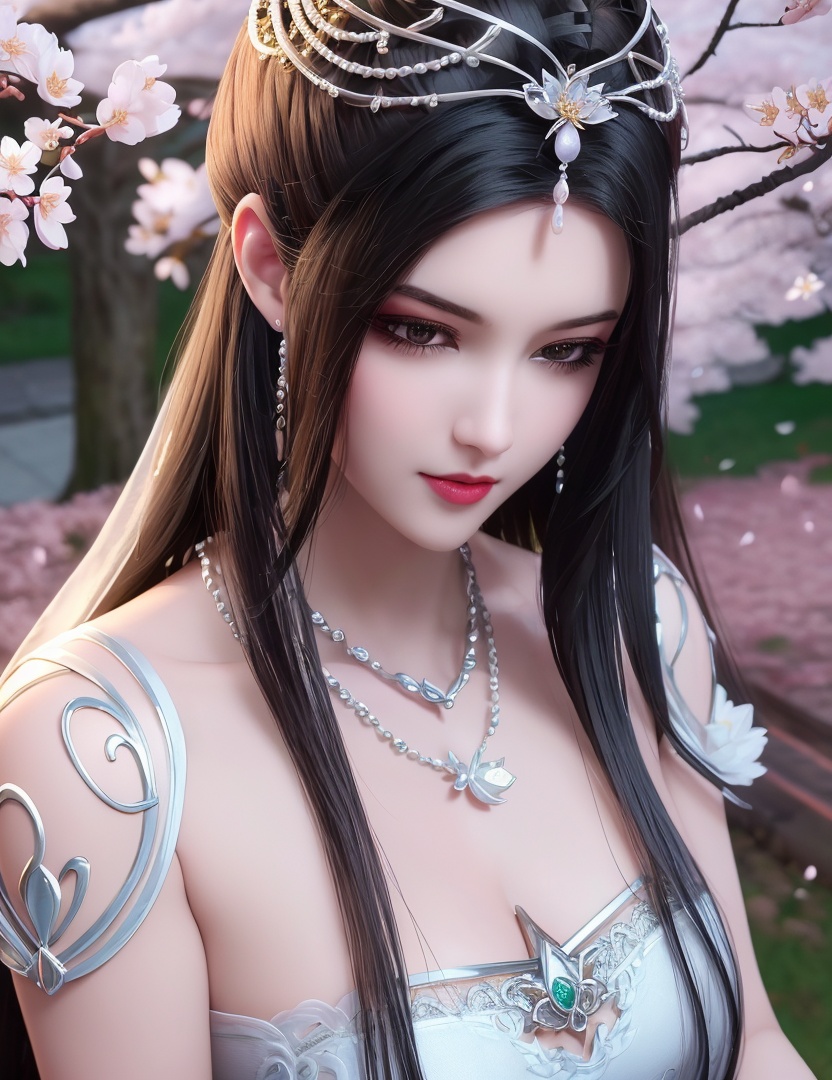 ultra realistic 8k cg, picture-perfect face, flawless, clean, masterpiece, professional artwork, famous artwork, cinematic lighting, cinematic bloom, perfect face, beautiful face, fantasy, dreamlike, unreal, science fiction,   lace, lace trim, lace-trimmed legwear,  (rich:1.4), prestige, luxury, jewelry, diamond, gold, pearl, gem, sapphire, ruby, emerald, intricate detail, delicate pattern, charming, alluring, seductive, erotic, enchanting, hair ornament, necklace, earrings, bracelet, armlet,halo((,1girl, pov,))  , ((((1girl, solo, ,cherry blossoms,outdoors, ))))<lora:DA_LinQingZhu:0.6>