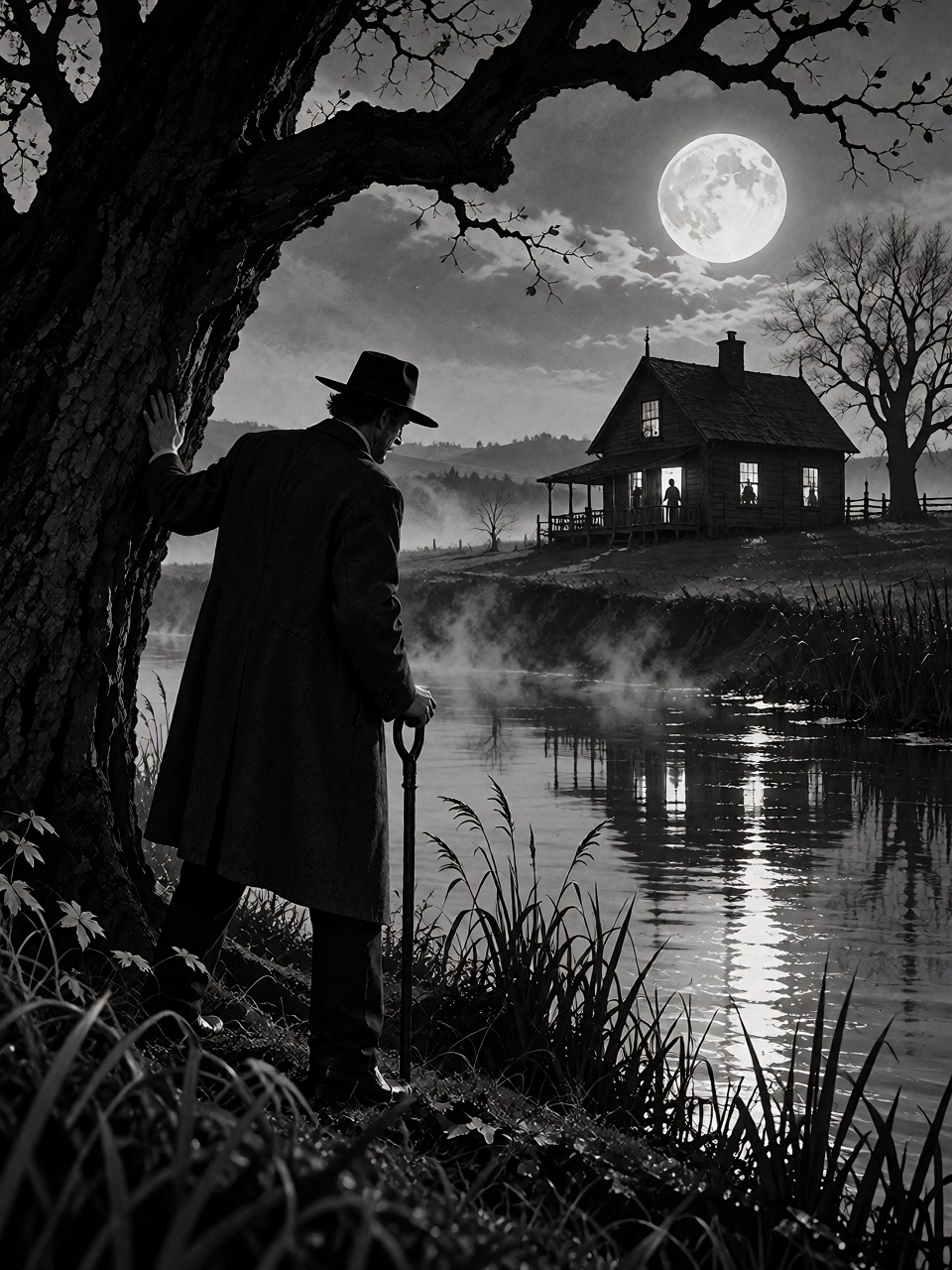 A sinister ***** preacher in a black suit and wide-brimmed hat standing beneath a twisted tree on the bank of a moonlit ri...