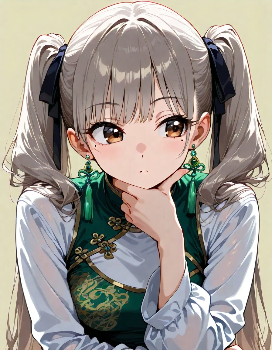 score 9,score 8 up,score 7 up,upper body,simple background,1girl,solo,brown hair,twintails,white hair ribbon,jewelry,green earrings,brown eyes,mole under eye,chinese clothes,green dress,white shirt,long sleeves,looking to the side,straight-on,head tilt,hand on own chin,