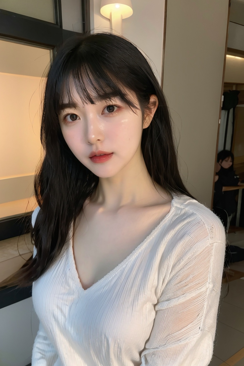 Beautiful woman facial features three-dimensional face if peach blossom gentle moving big chest long curly hair white sweater space station,<lora:xysz:0.7>