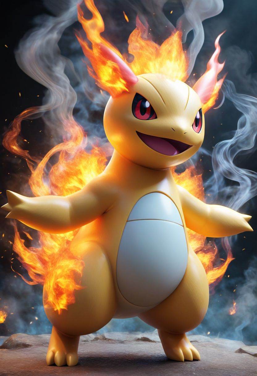 pokemon (creature), solo, no humans, open mouth, standing, fire, full body, red eyes, smoke, smile