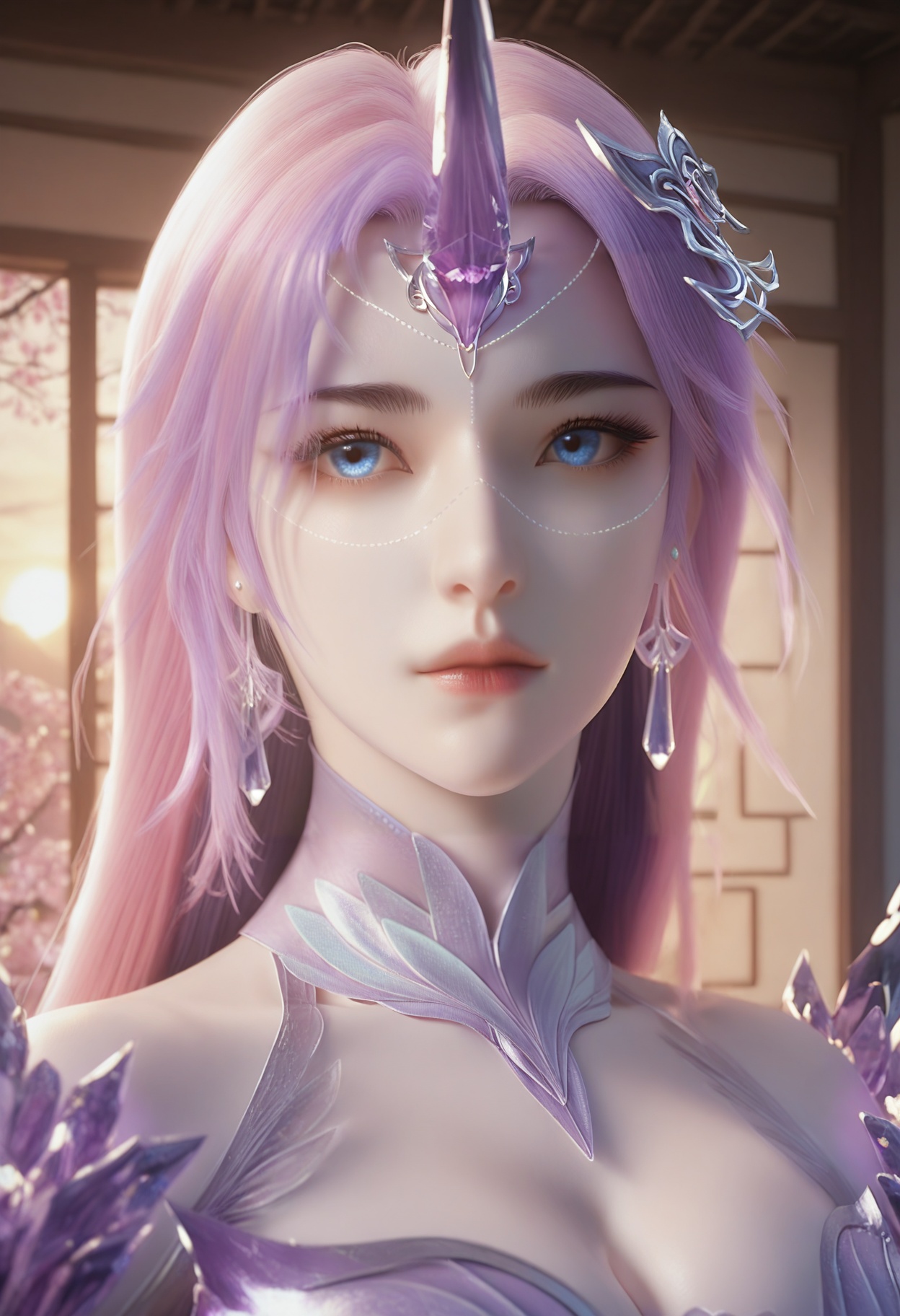 Yue_liu,1girl,blue eyes,long hair,purple hair,earrings,jewelry,hair ornament,crystal,single horn,pink hair,bare shoulders,gem,cleavage,<lora:Yue_liu_10_illu-000005:0.75>,dress,armor,see-through,skirt,purple dress,photorealistic,hyperrealistic,<lora:realistic filter [IL]:1>,(pale skin:1.2),looking at viewer,standing,(upper body:1.2),close up,head shot,lantern,open window,looking at viewer,indoors,mountains,blossoms,flowers,east asian architecture,beautiful sunrise,warm ambient temperature,
