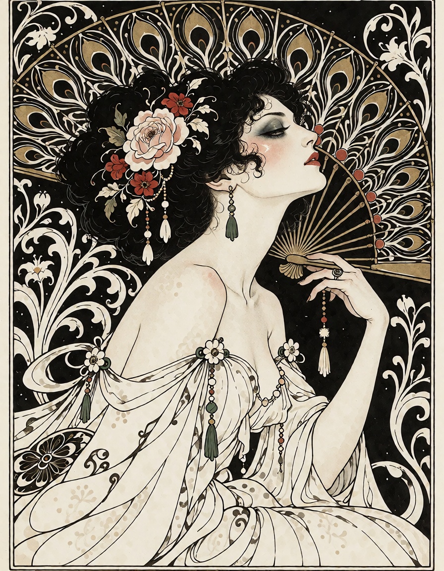 inspired illustration of an elegant woman beneath a peacock fan,  black ink on ivory paper with muted crimson and dusty go...