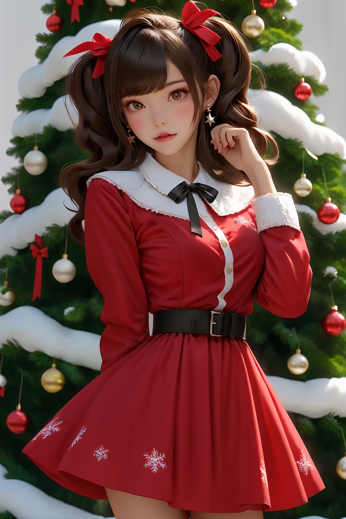 1girl, solo, christmas tree, jewelry, earrings, brown eyes, looking at viewer, ribbon, dress, brown hair, belt, long sleeves, christmas, long hair, christmas ornaments, bangs, parted lips, breasts, hair ribbon, cowboy shot, twintails, red ribbon, red dress, hand up, bow, medium breasts, black belt, lips, blush, black hair, standing, black ribbon, star (symbol), mole<lora:shengdan:0.6>,normal fingers,