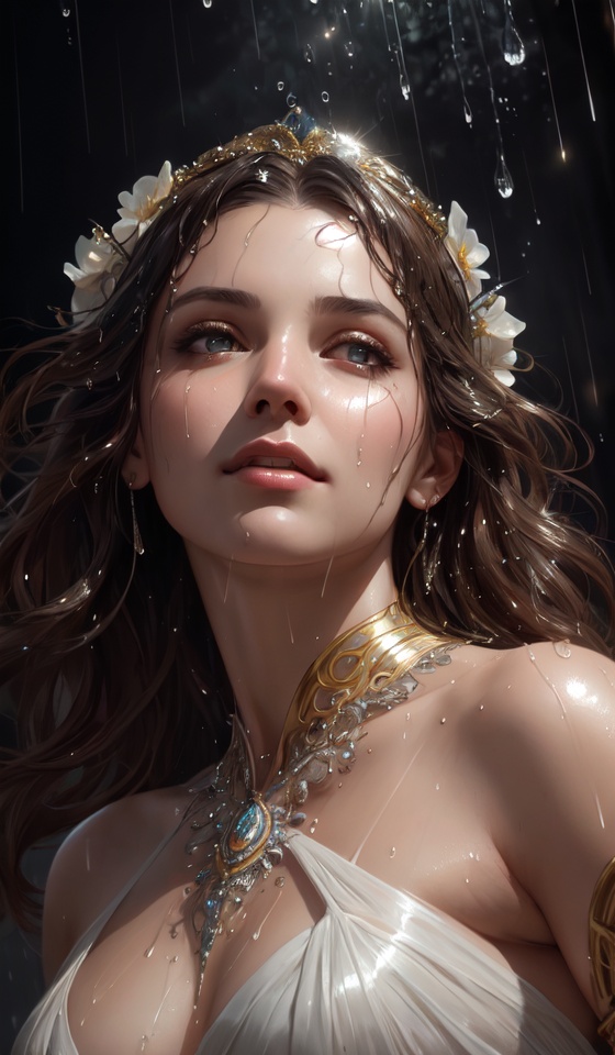 portrait of beautiful greek goddess, looking straight up in pouring rain, soaking wet hair, by terry o'neill intricate, elegant, highly detailed, digital painting, glistening skin, artstation, concept art, smooth, sharp focus, bright lighting, illustration, art by artgerm and greg rutkowski and alphonse mucha, 8 k