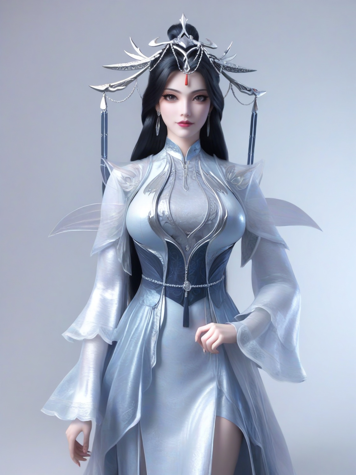 score_9,1girl,solo,dress,long hair,standing,earrings,hair ornament,eyelashes,large breasts,sleeves,black hair,standing,lipstick,cowboy shot,looking at viewer,simple background,<lora:SF_YuPoPo_Pony_Realism2.3-000004:0.7>,